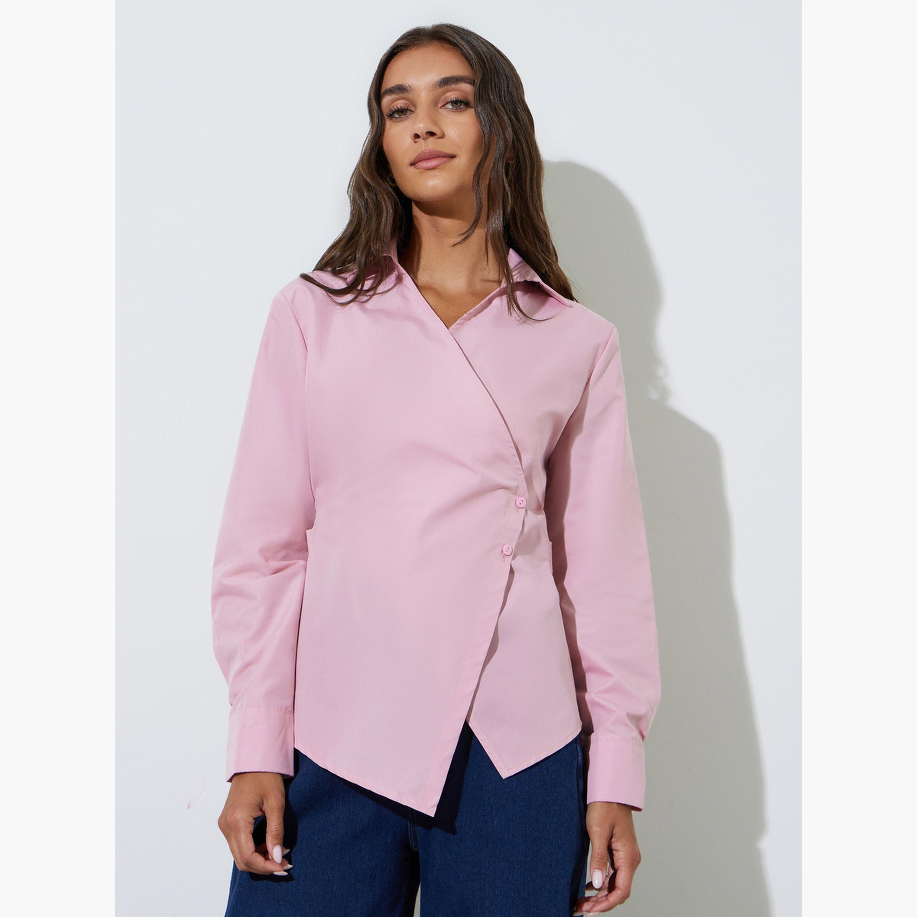 Styli Pink Solid Long Sleeve Wrap Blouse-women-clothing-shirtsandblouses-blouses-image-1