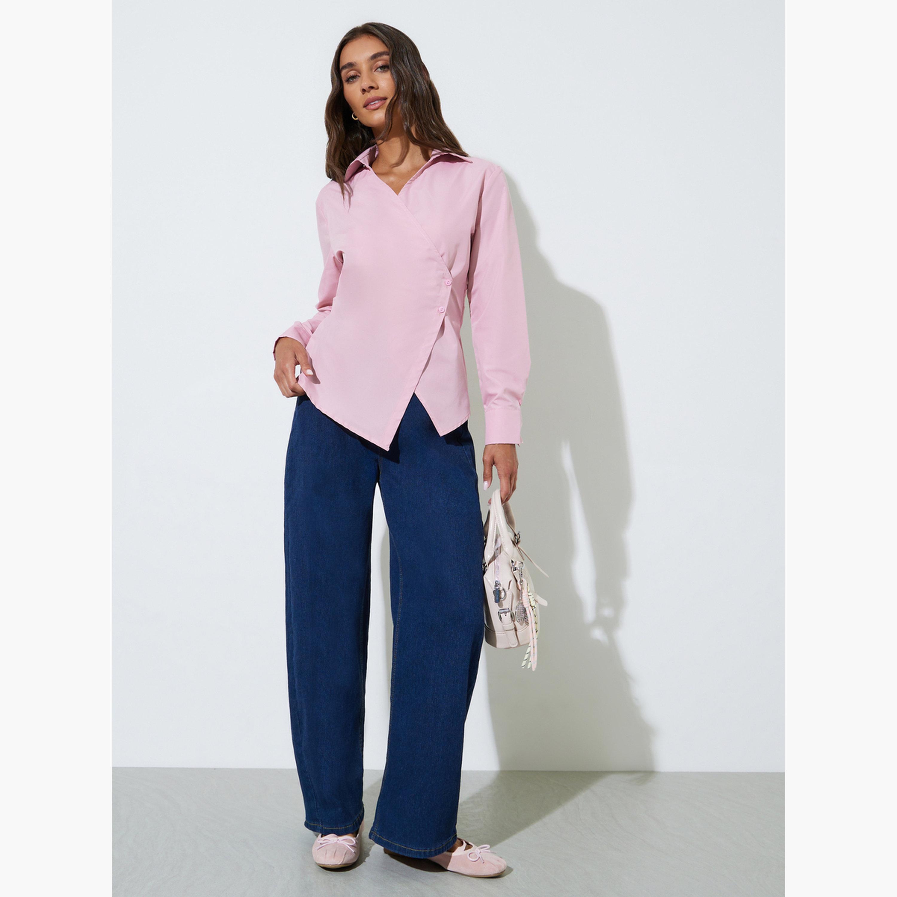 Styli Pink Solid Long Sleeve Wrap Blouse-women-clothing-shirtsandblouses-blouses-image-2