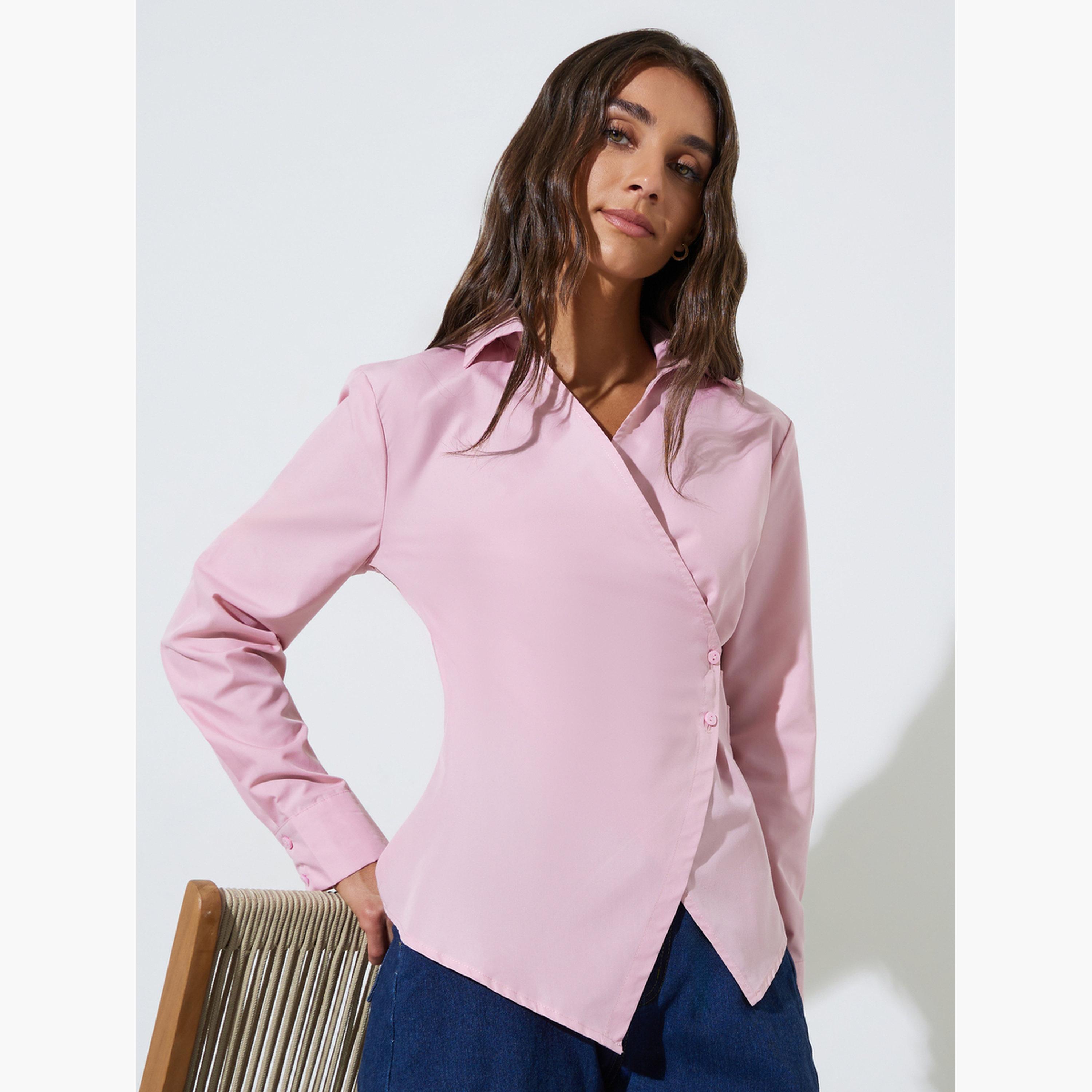 Styli Pink Solid Long Sleeve Wrap Blouse-women-clothing-shirtsandblouses-blouses-image-3