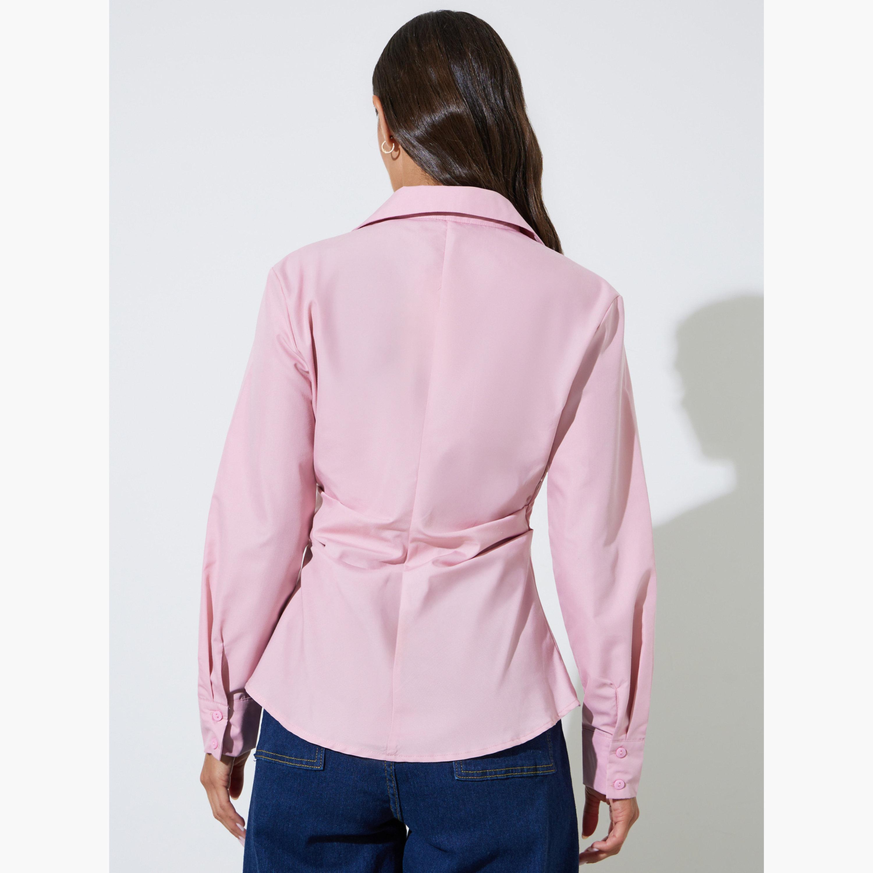 Styli Pink Solid Long Sleeve Wrap Blouse-women-clothing-shirtsandblouses-blouses-image-4