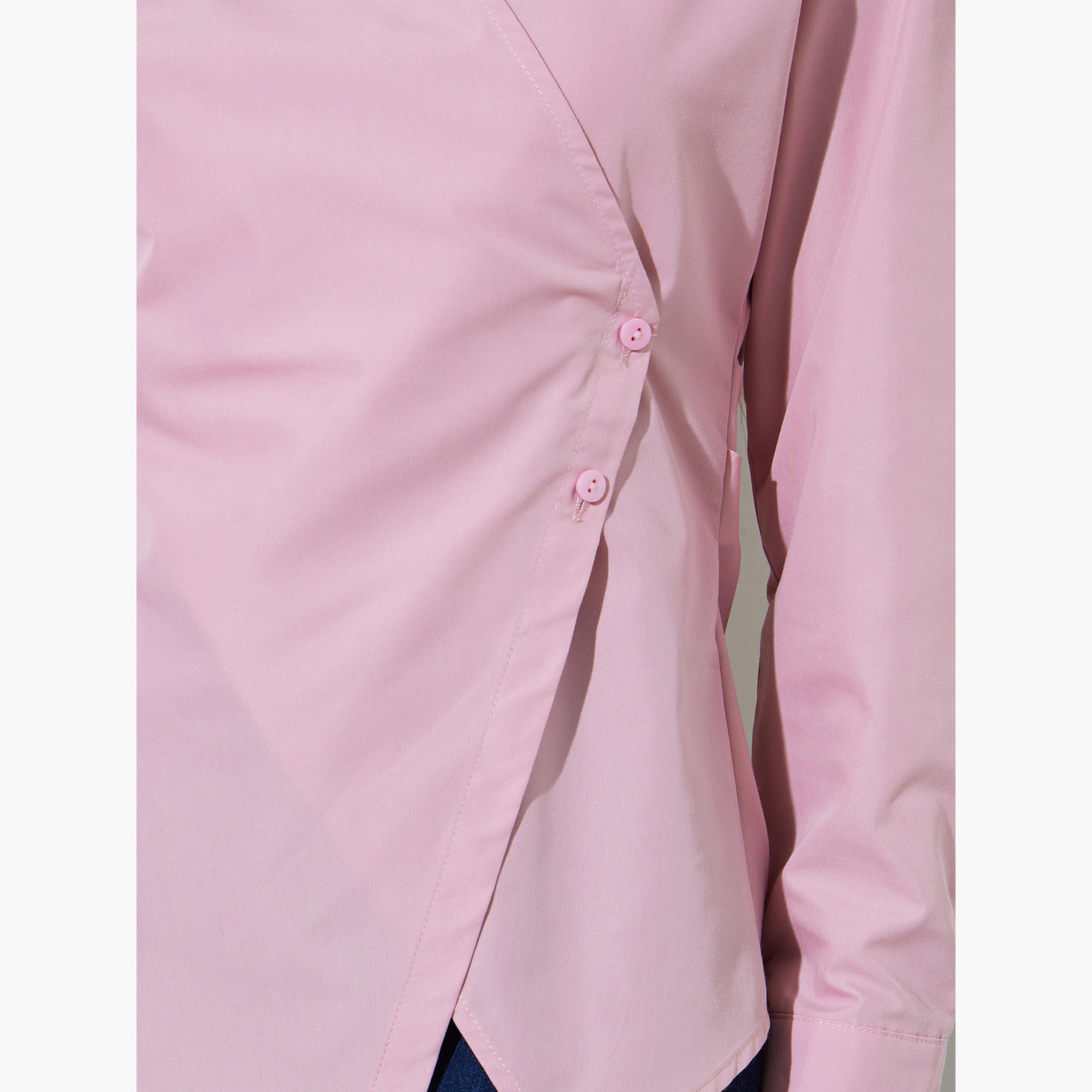 Styli Pink Solid Long Sleeve Wrap Blouse-women-clothing-shirtsandblouses-blouses-image-5