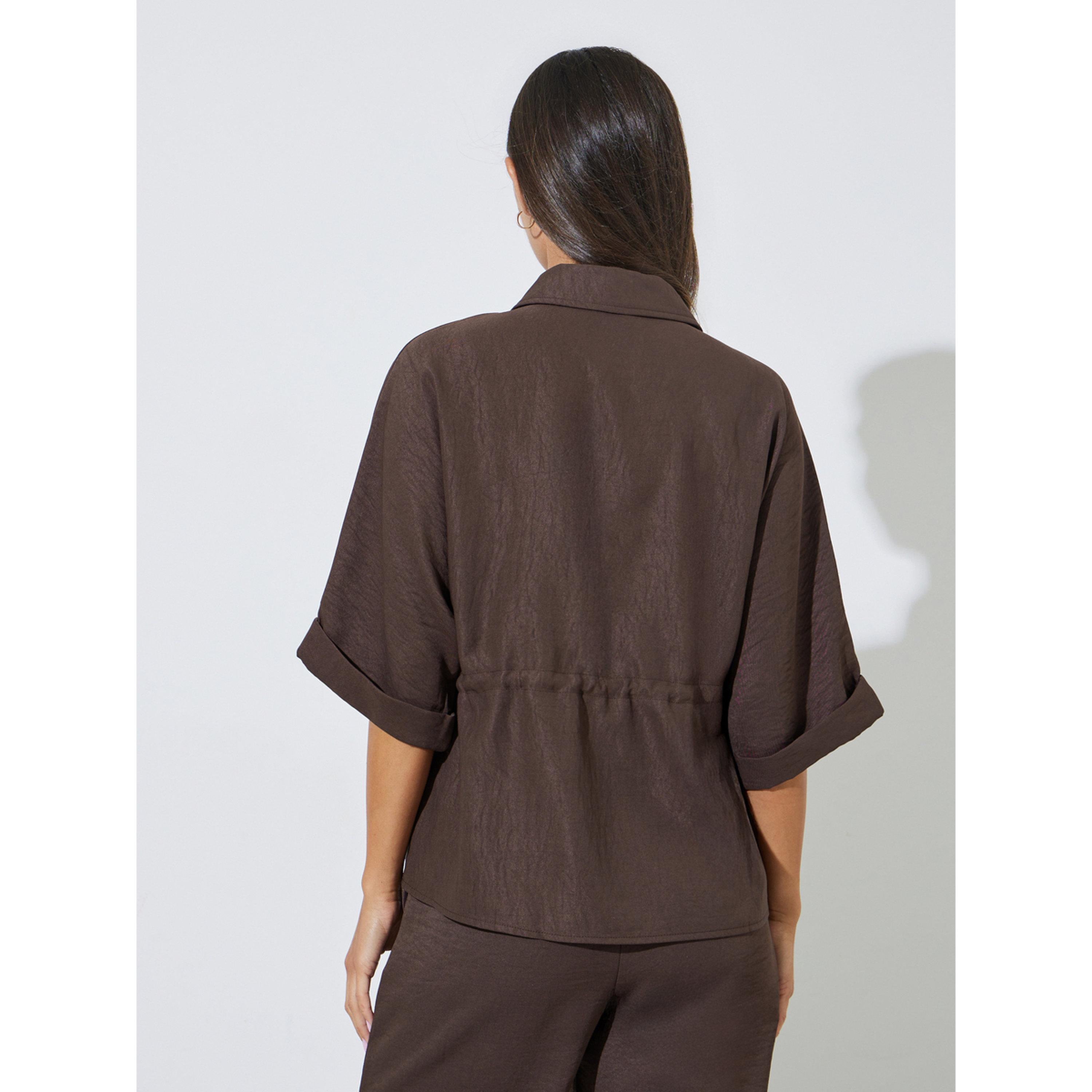 جاكيت بلوزة بسحاب ورباط خصر سادة باللون البني-women-clothing-shirtsandblouses-blouses-image-3