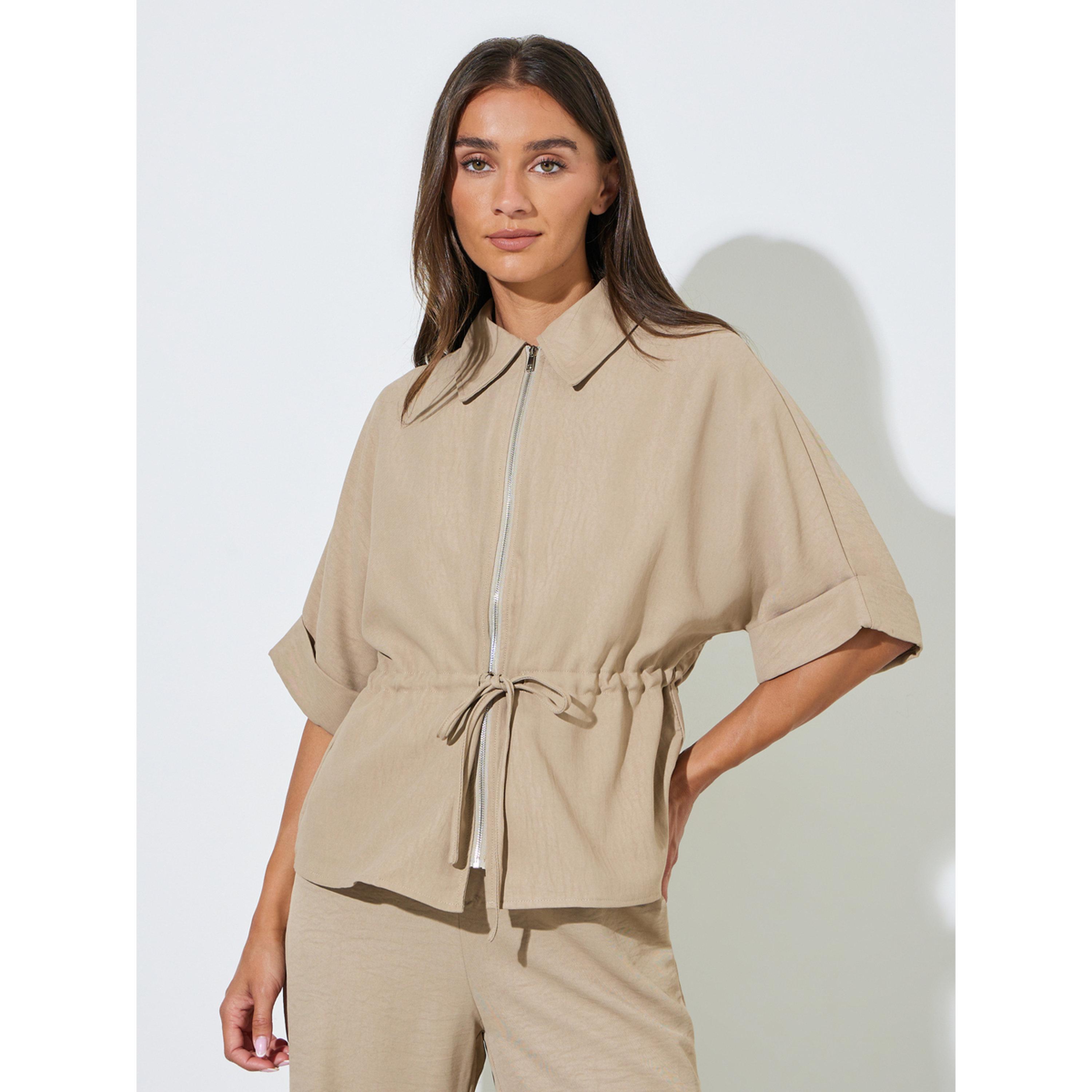 Styli Beige Solid Drawstring Waist Zip-Up Shirt-women-clothing-shirtsandblouses-shirts-image-1