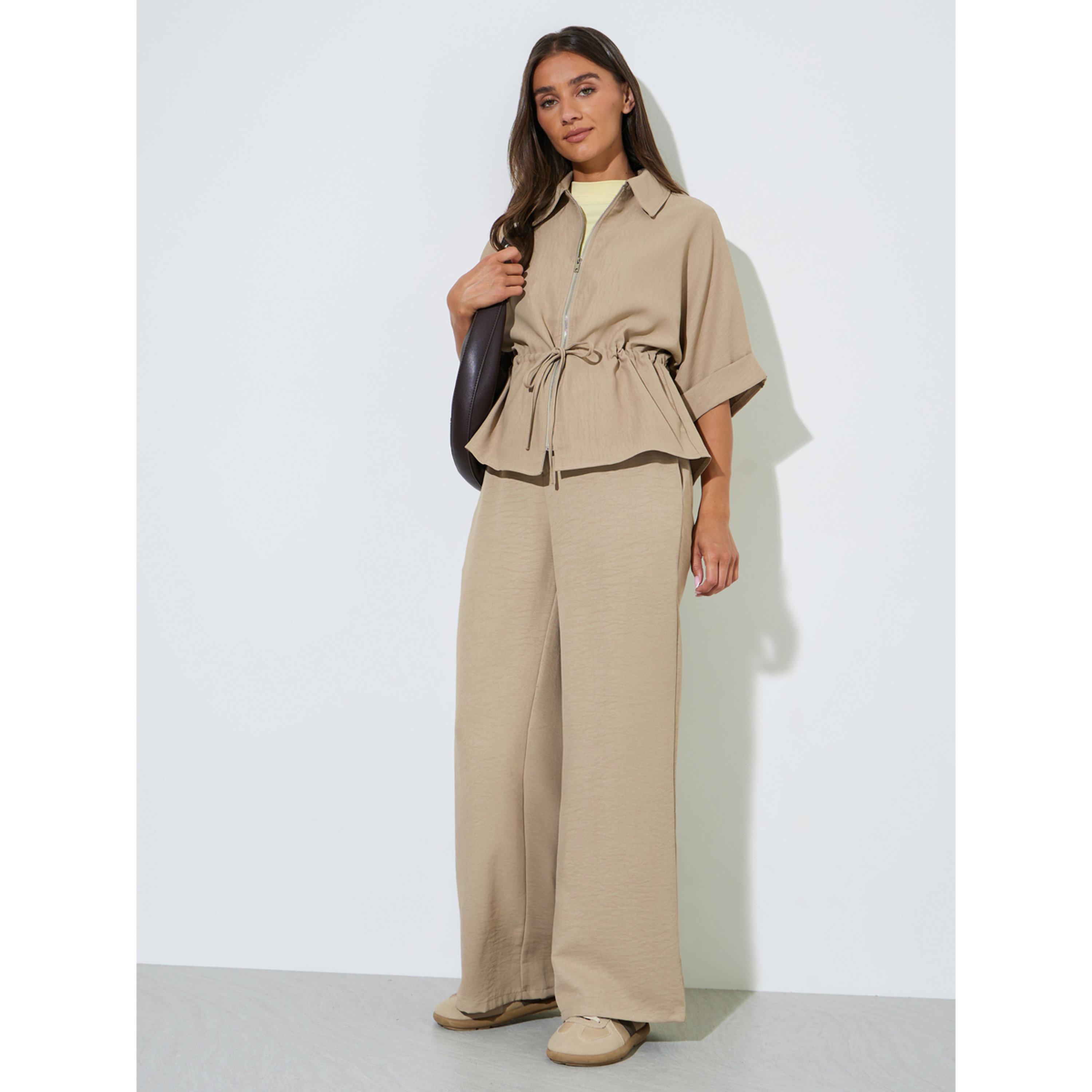 Styli Beige Solid Drawstring Waist Zip-Up Shirt-women-clothing-shirtsandblouses-shirts-image-2