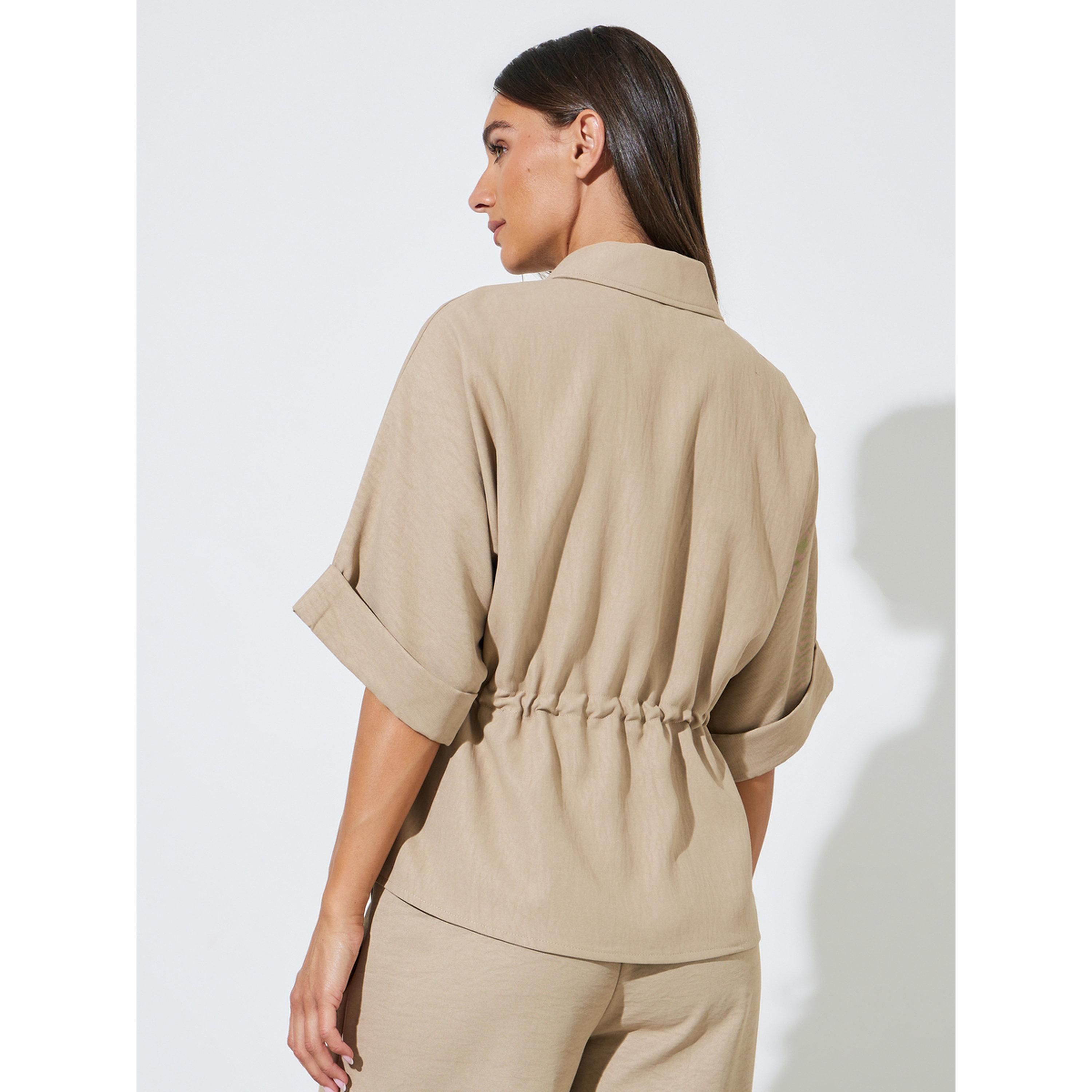 Styli Beige Solid Drawstring Waist Zip-Up Shirt-women-clothing-shirtsandblouses-shirts-image-3
