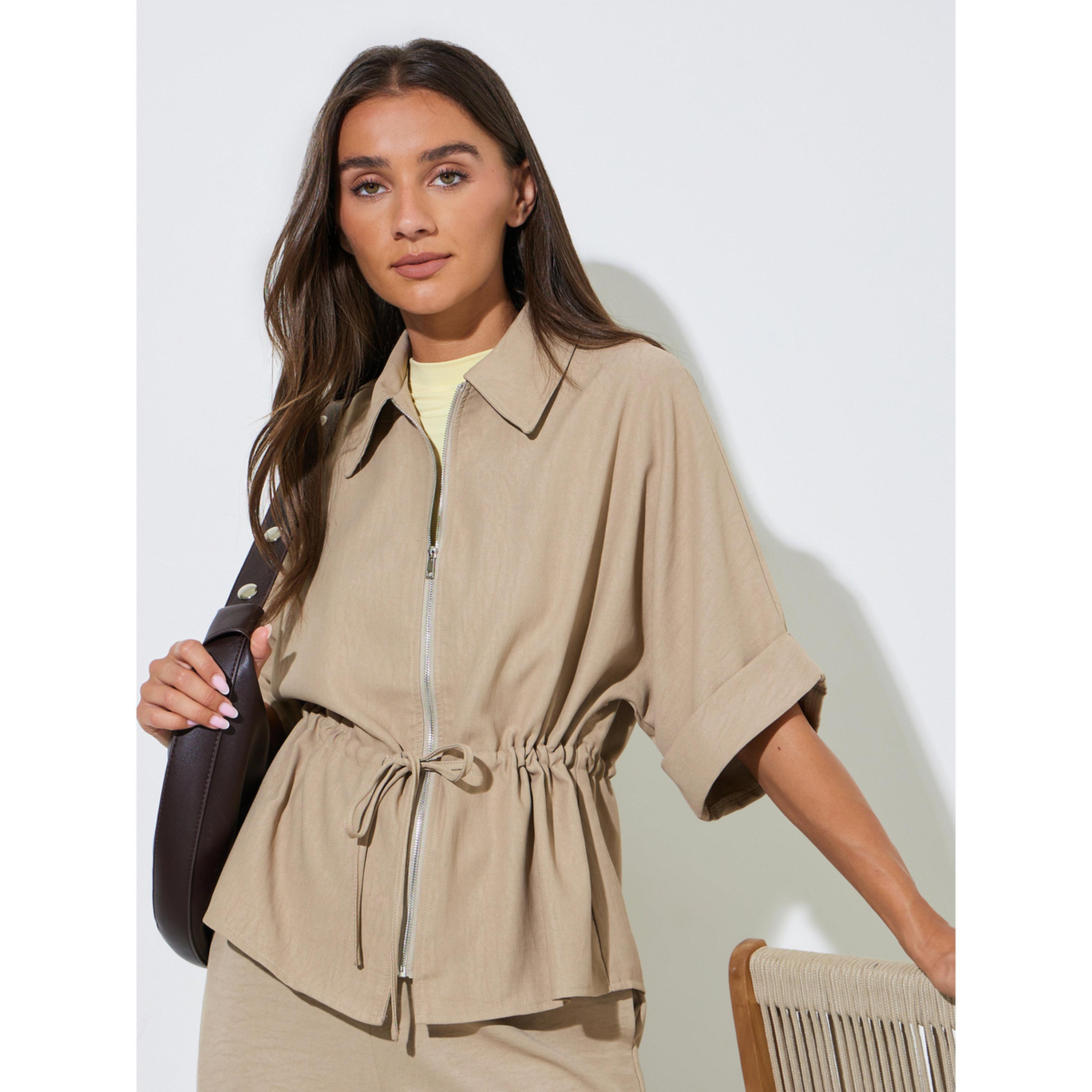 Styli Beige Solid Drawstring Waist Zip-Up Shirt-women-clothing-shirtsandblouses-shirts-image-4