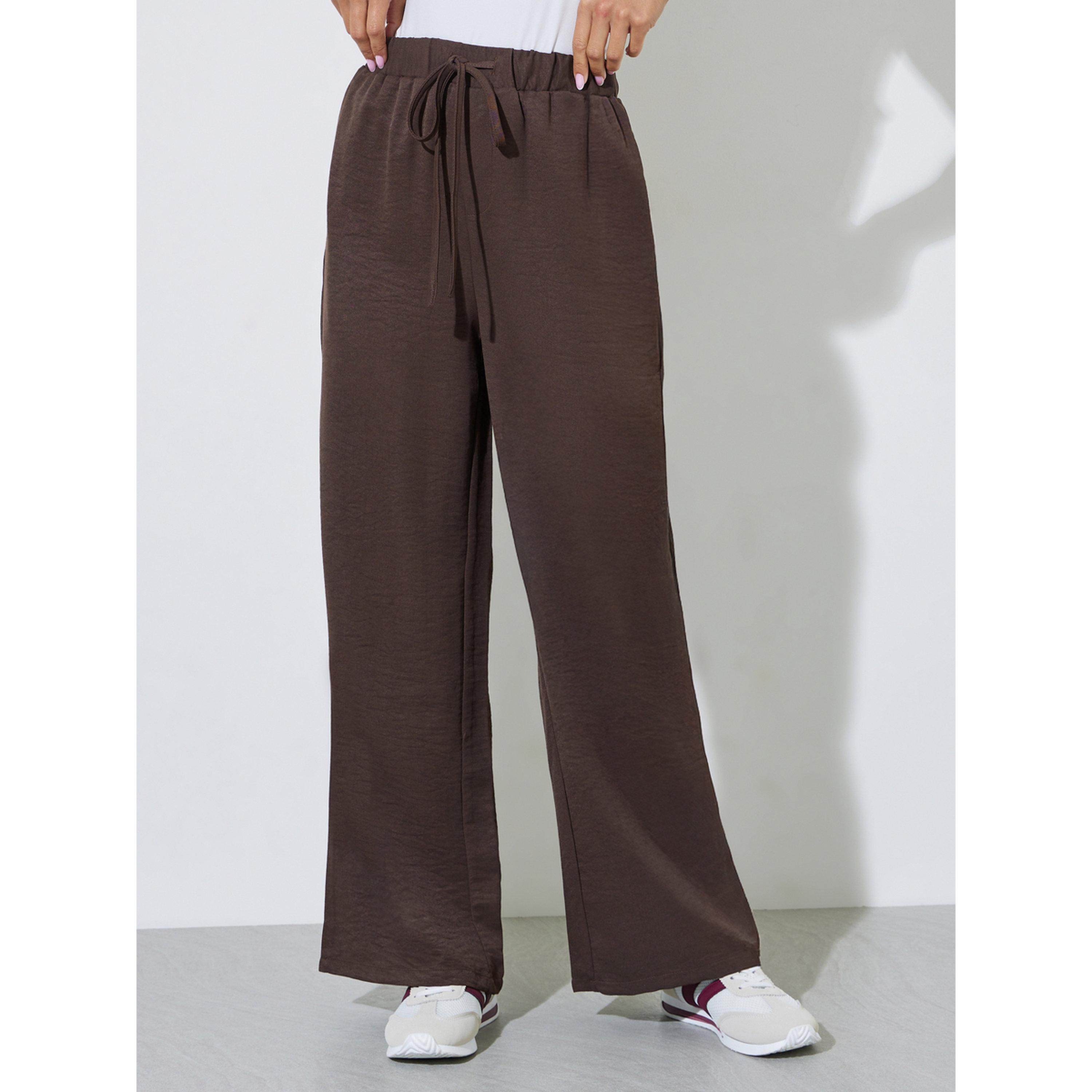 Styli Brown Solid Drawstring Wide-Leg Jogger Pants-women-clothing-joggers-image-1