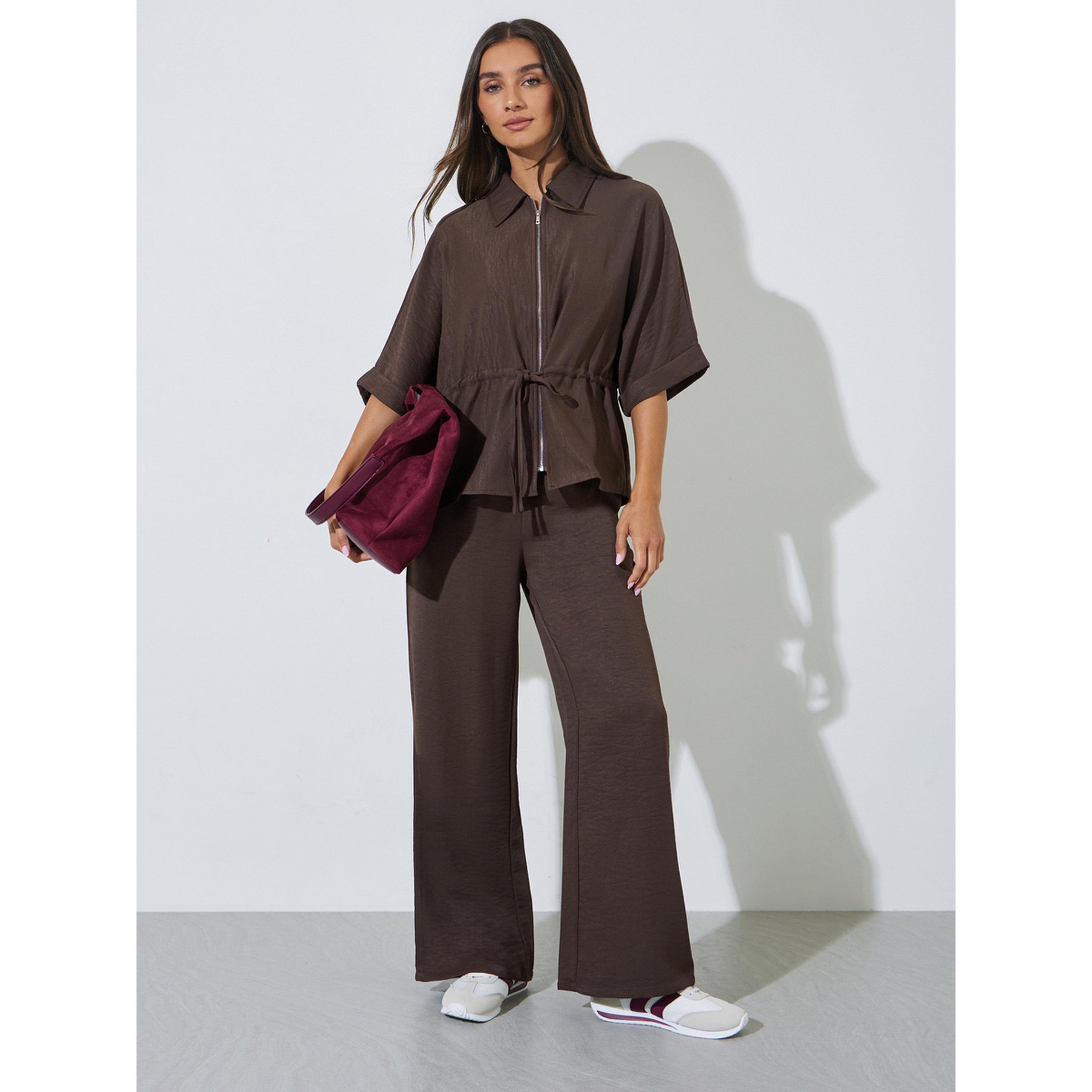 Styli Brown Solid Drawstring Wide-Leg Jogger Pants-women-clothing-joggers-image-2