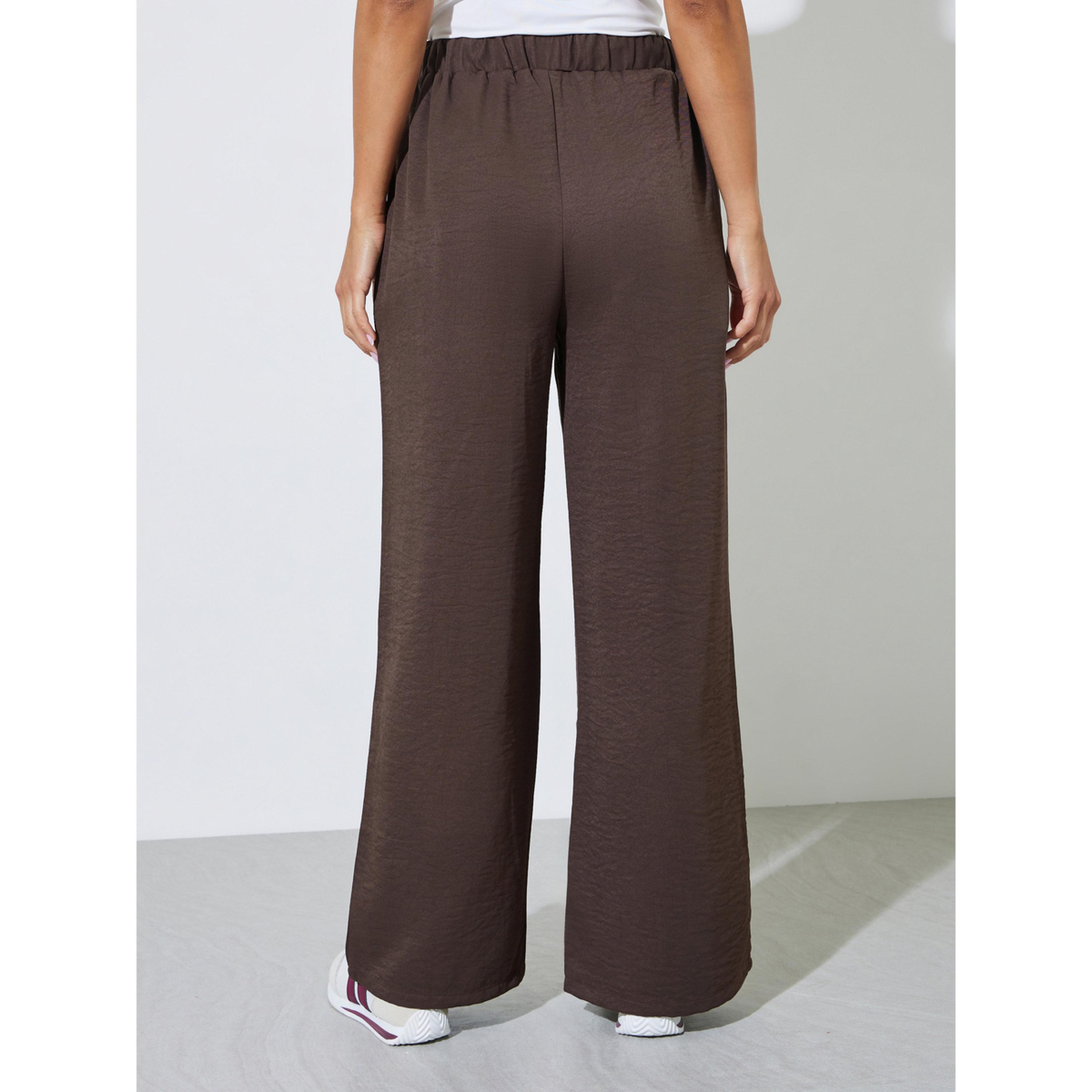Styli Brown Solid Drawstring Wide-Leg Jogger Pants-women-clothing-joggers-image-3
