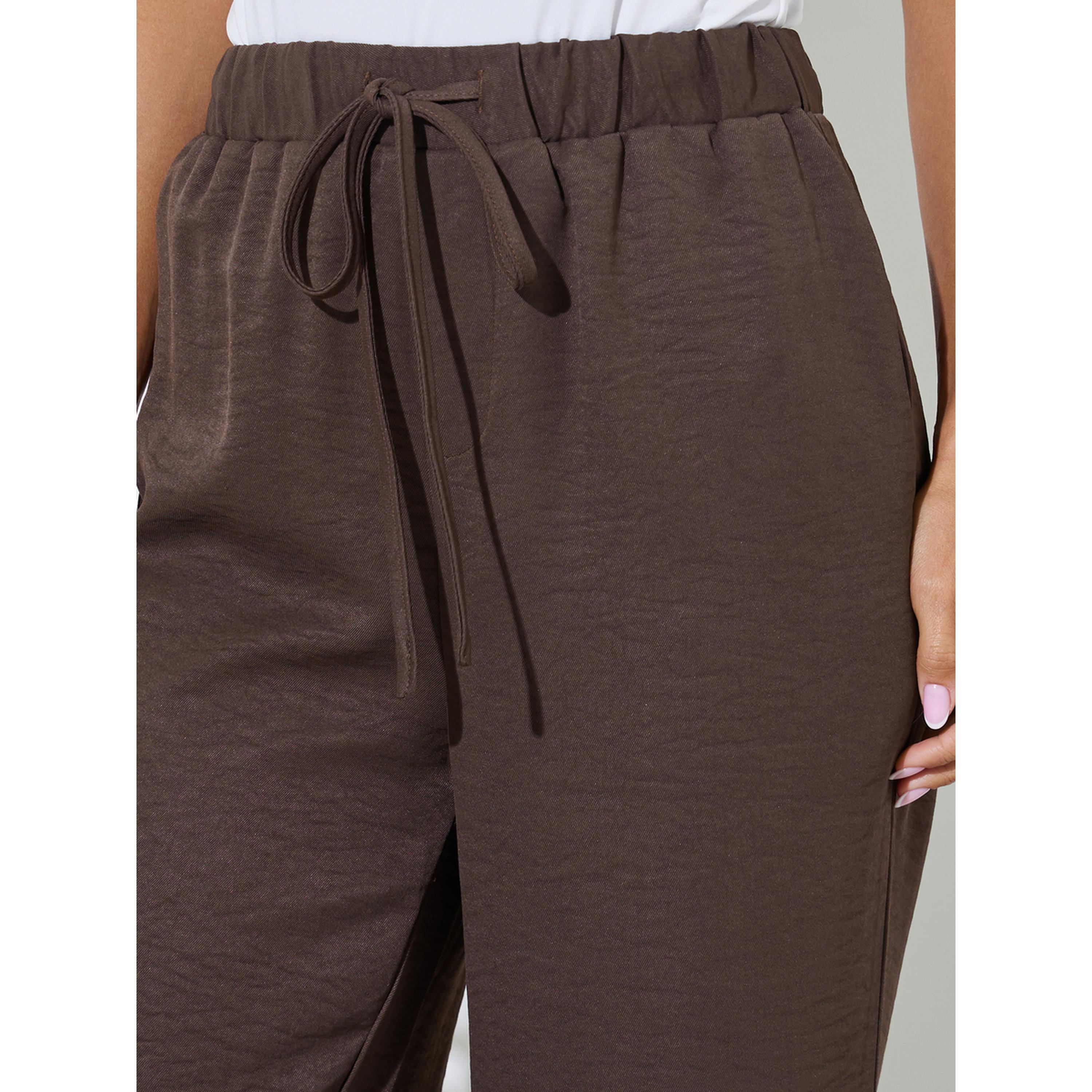 Styli Brown Solid Drawstring Wide-Leg Jogger Pants-women-clothing-joggers-image-4