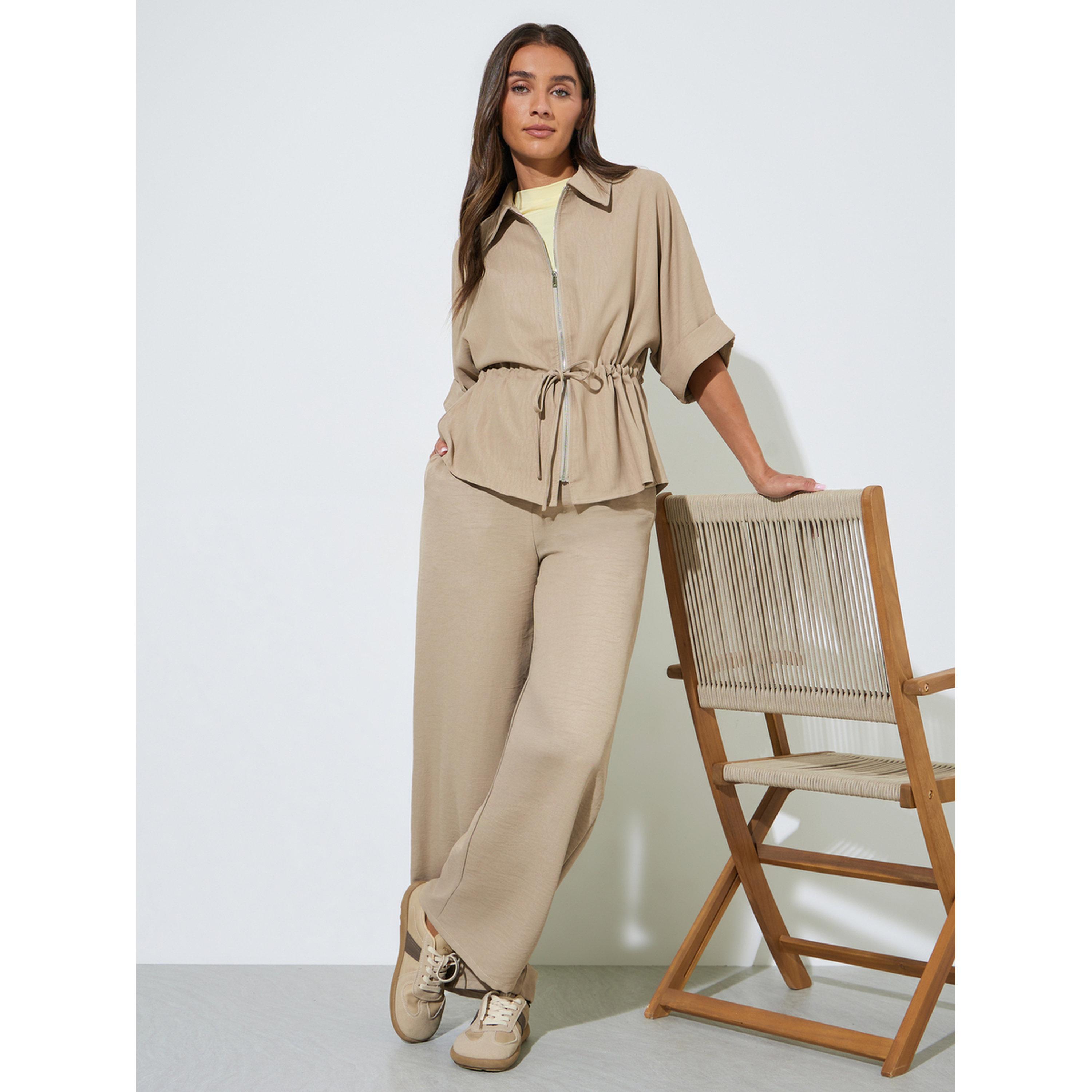Styli Beige Solid Wide Leg Drawstring Trousers-women-clothing-joggers-image-2