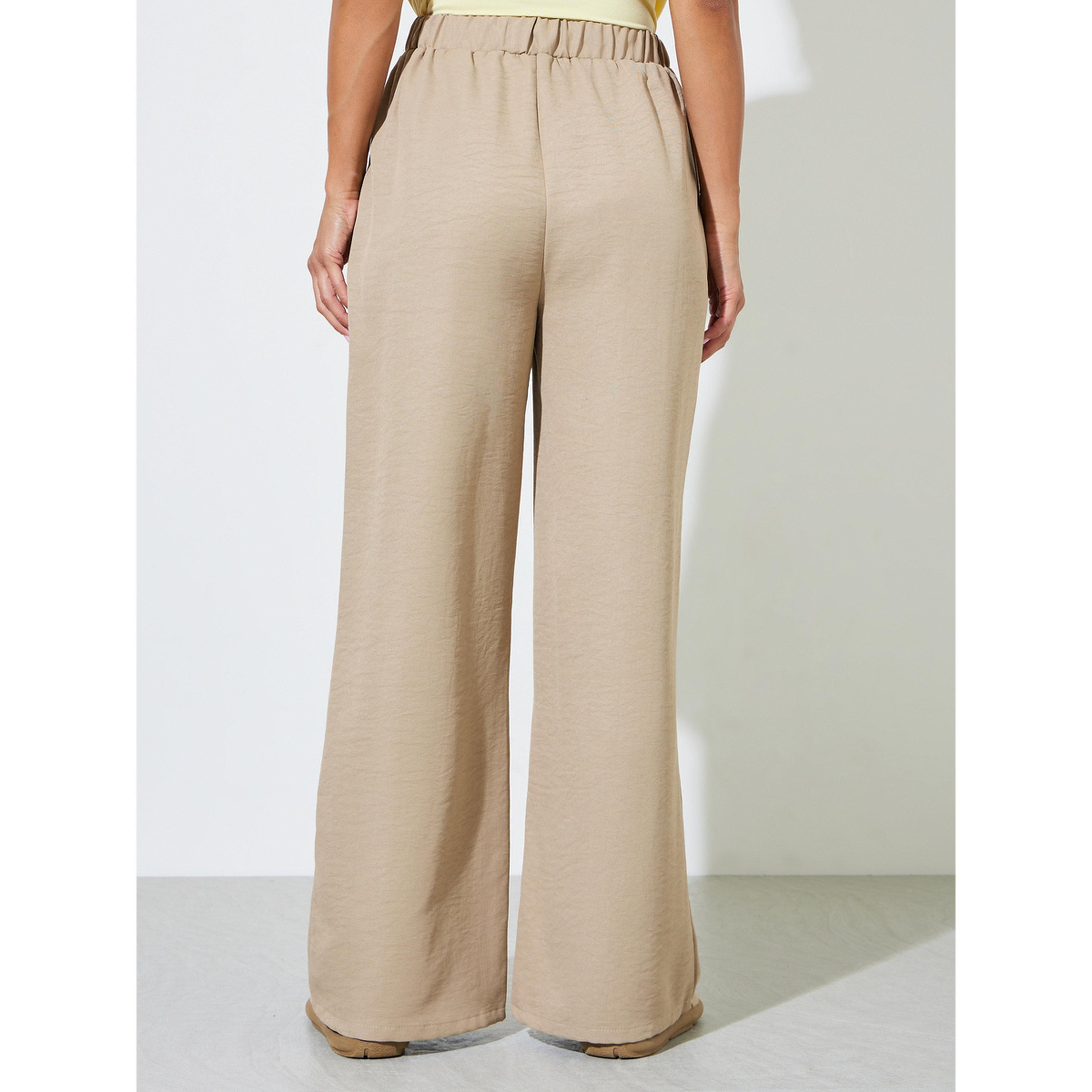 Styli Beige Solid Wide Leg Drawstring Trousers-women-clothing-joggers-image-4