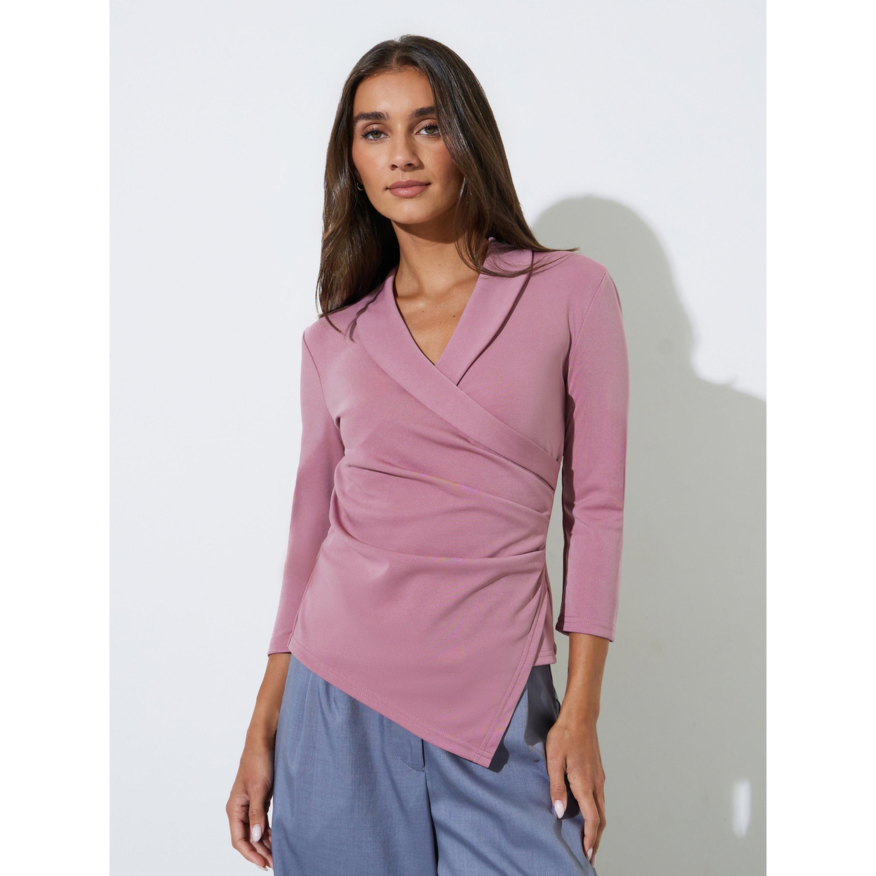 Styli Pink Solid Gathered Detail Wrap Top with 3/4 Sleeves-women-clothing-shirtsandblouses-blouses-image-1