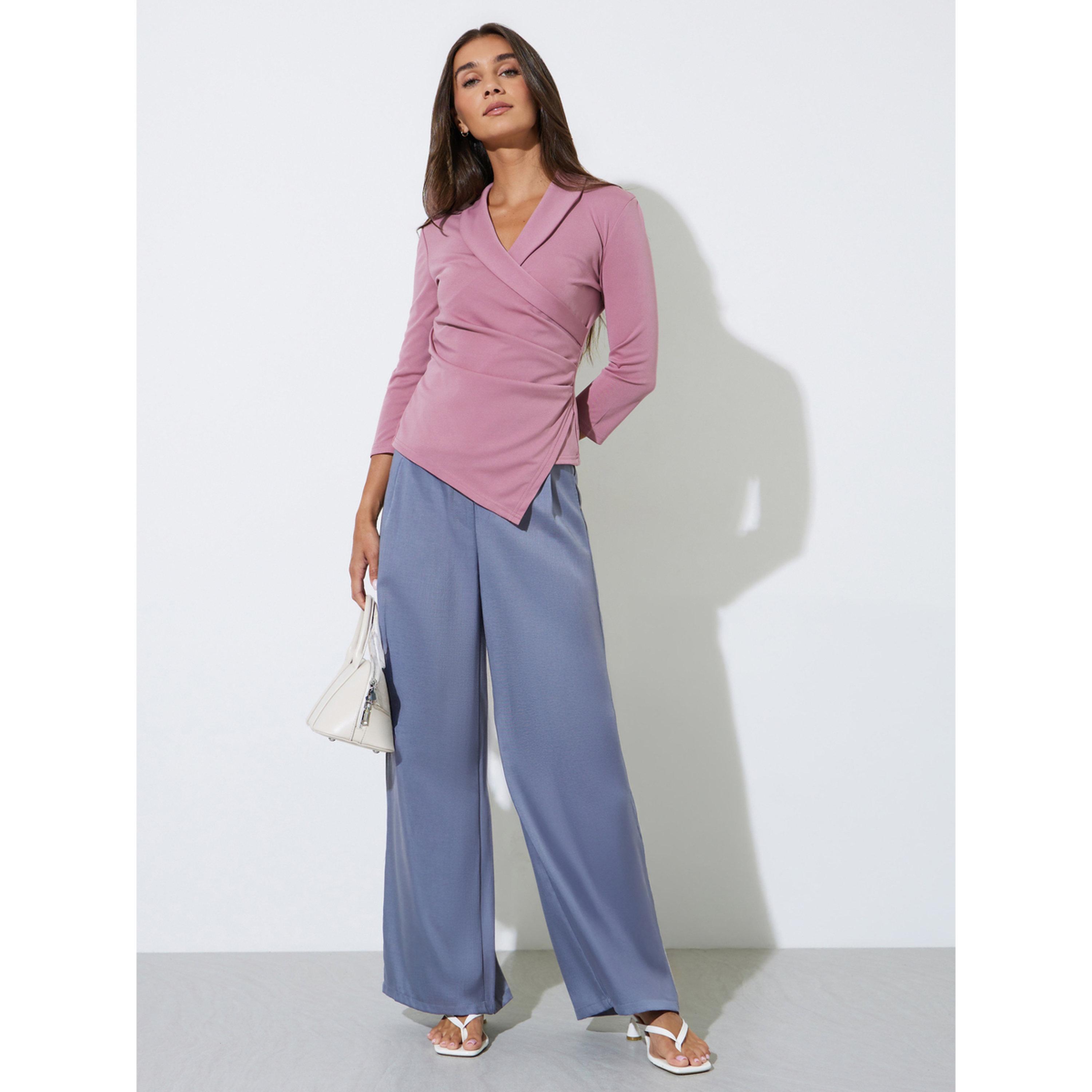 Styli Pink Solid Gathered Detail Wrap Top with 3/4 Sleeves-women-clothing-shirtsandblouses-blouses-image-2