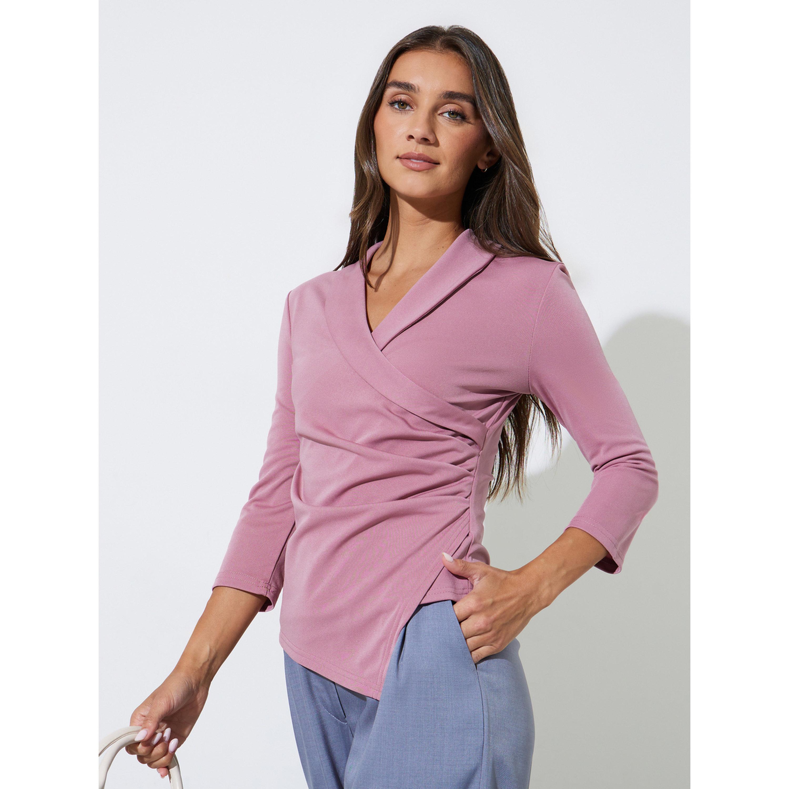 Styli Pink Solid Gathered Detail Wrap Top with 3/4 Sleeves-women-clothing-shirtsandblouses-blouses-image-3