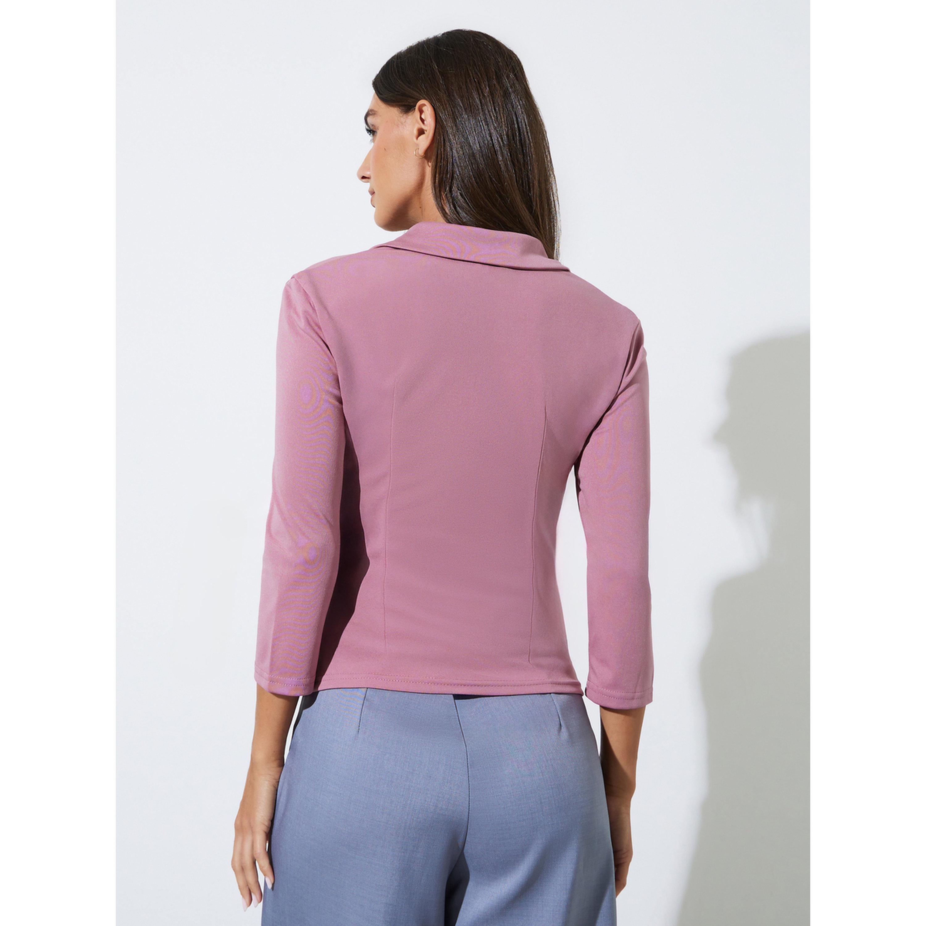 Styli Pink Solid Gathered Detail Wrap Top with 3/4 Sleeves-women-clothing-shirtsandblouses-blouses-image-4