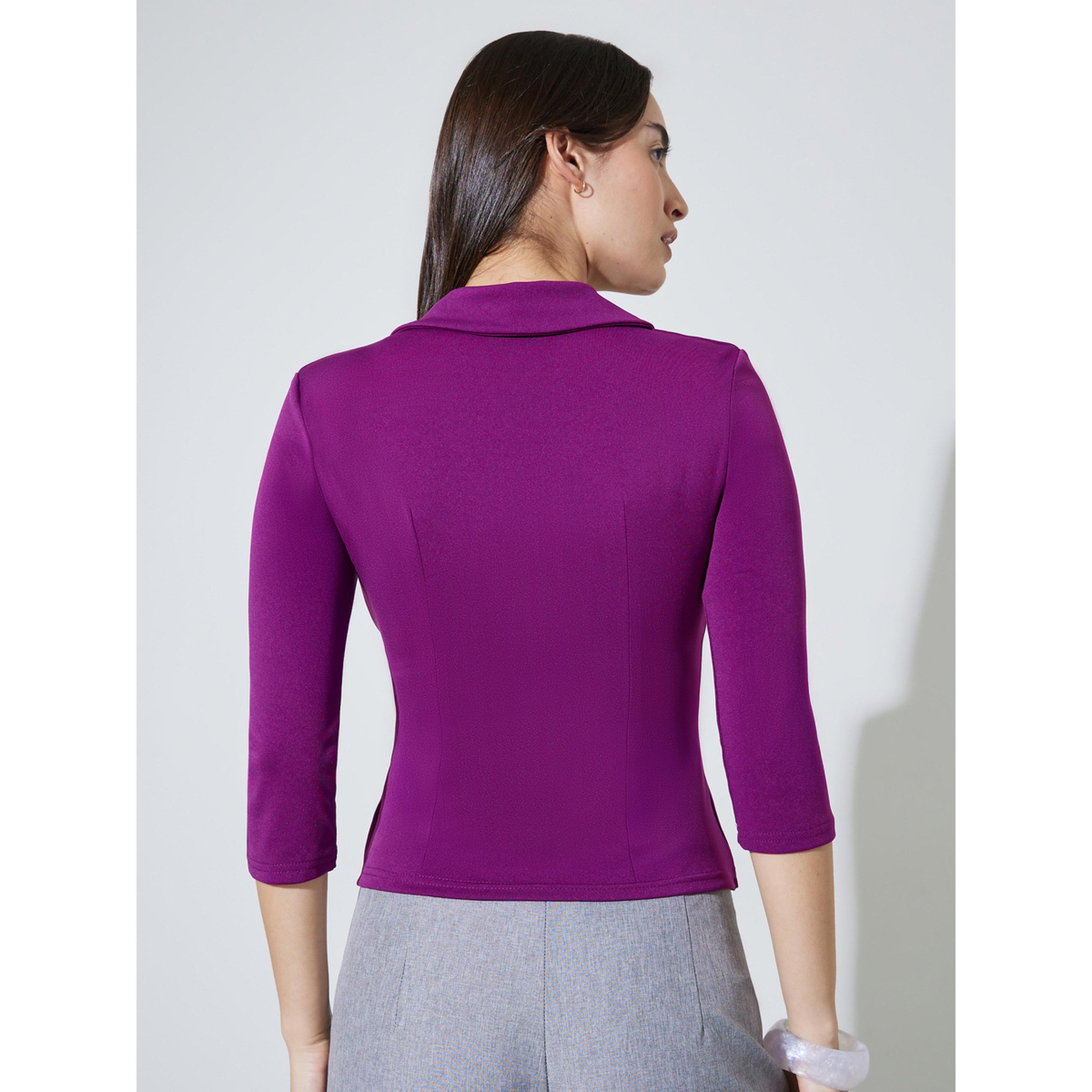 بلوزة بتصميم لف وأكمام 3/4 وتفاصيل مجمعة بلون سادة-women-clothing-shirtsandblouses-blouses-image-4