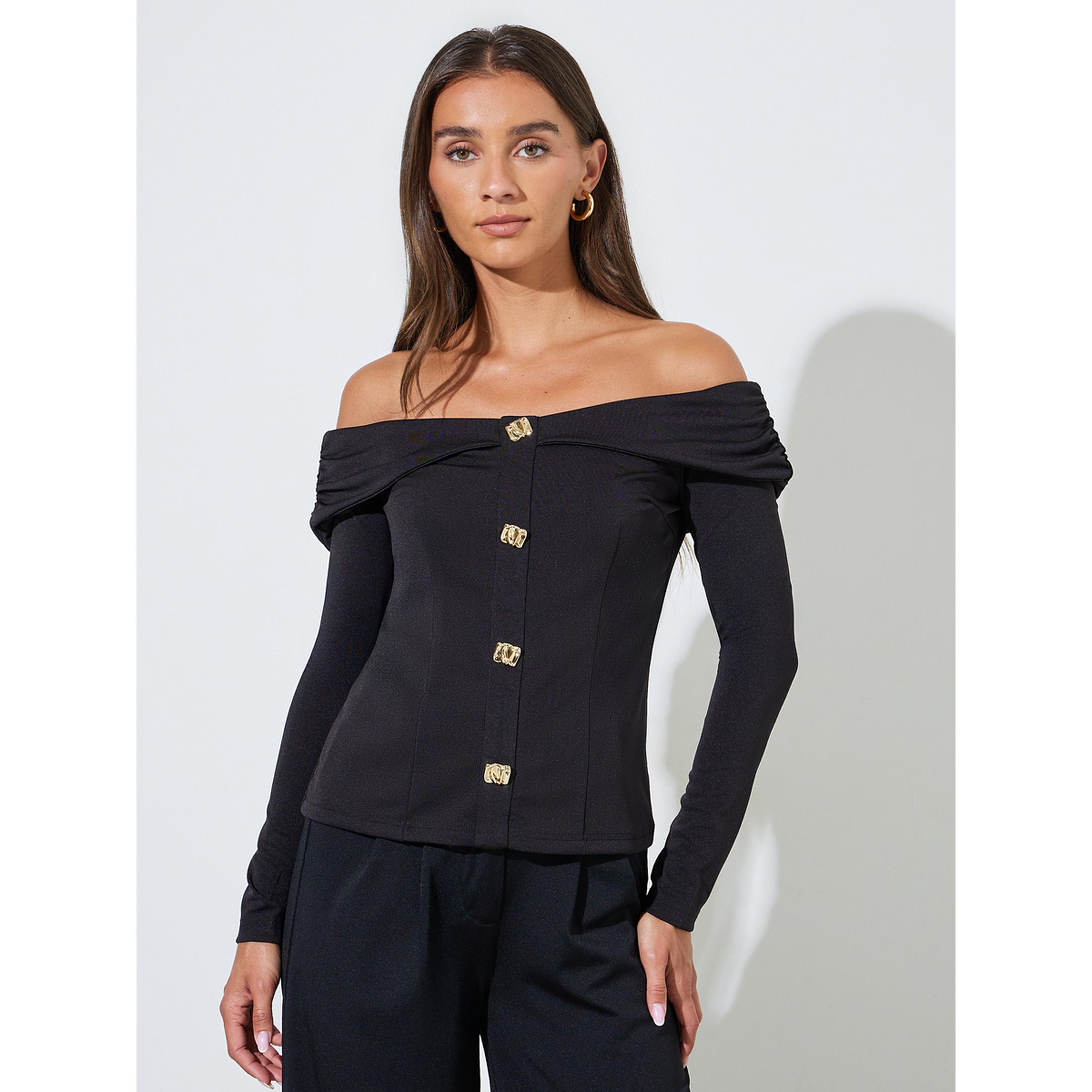 Styli Black Long Sleeve Off-Shoulder Knit Top with Gold Buttons-women-clothing-shirtsandblouses-blouses-image-1