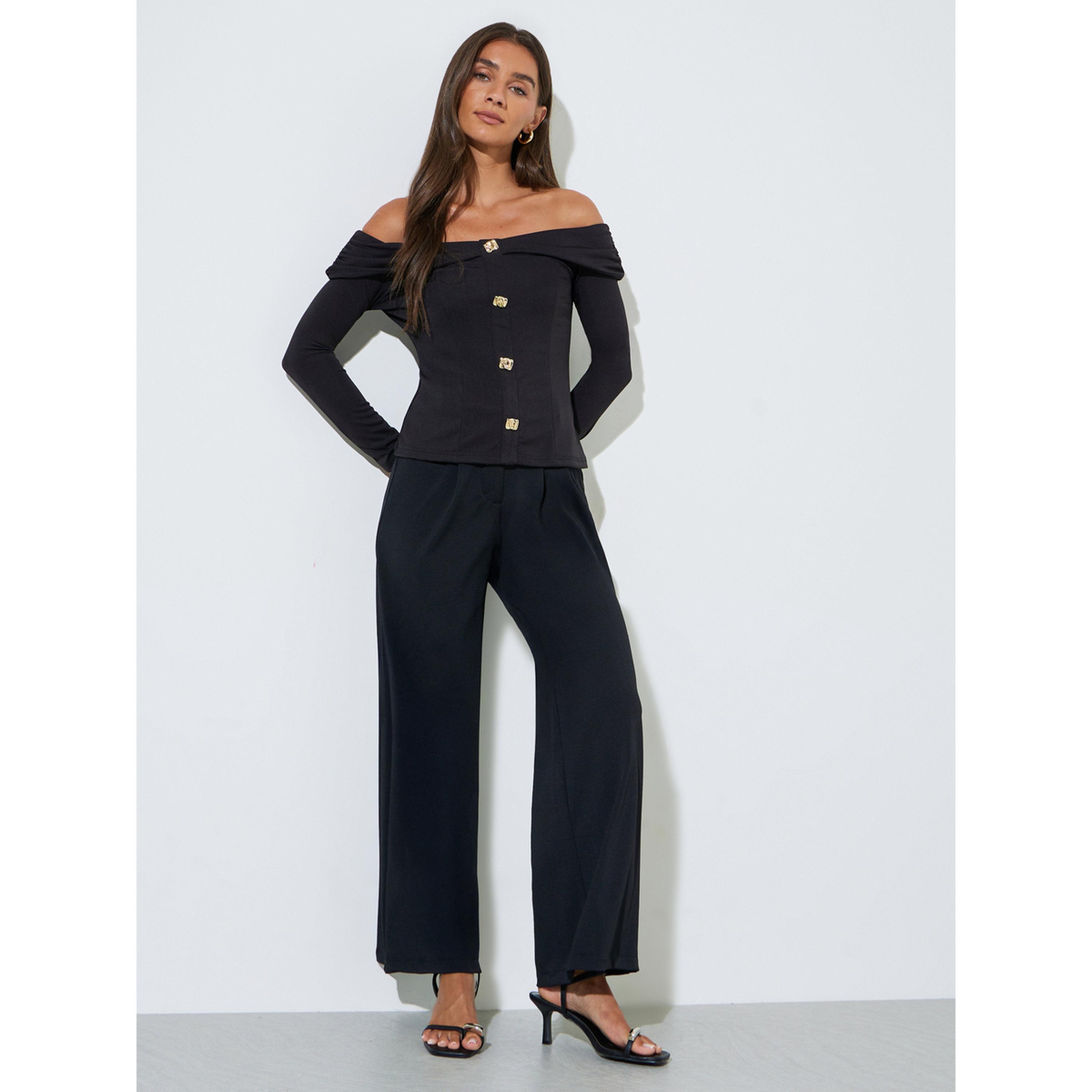 Styli Black Long Sleeve Off-Shoulder Knit Top with Gold Buttons-women-clothing-shirtsandblouses-blouses-image-2