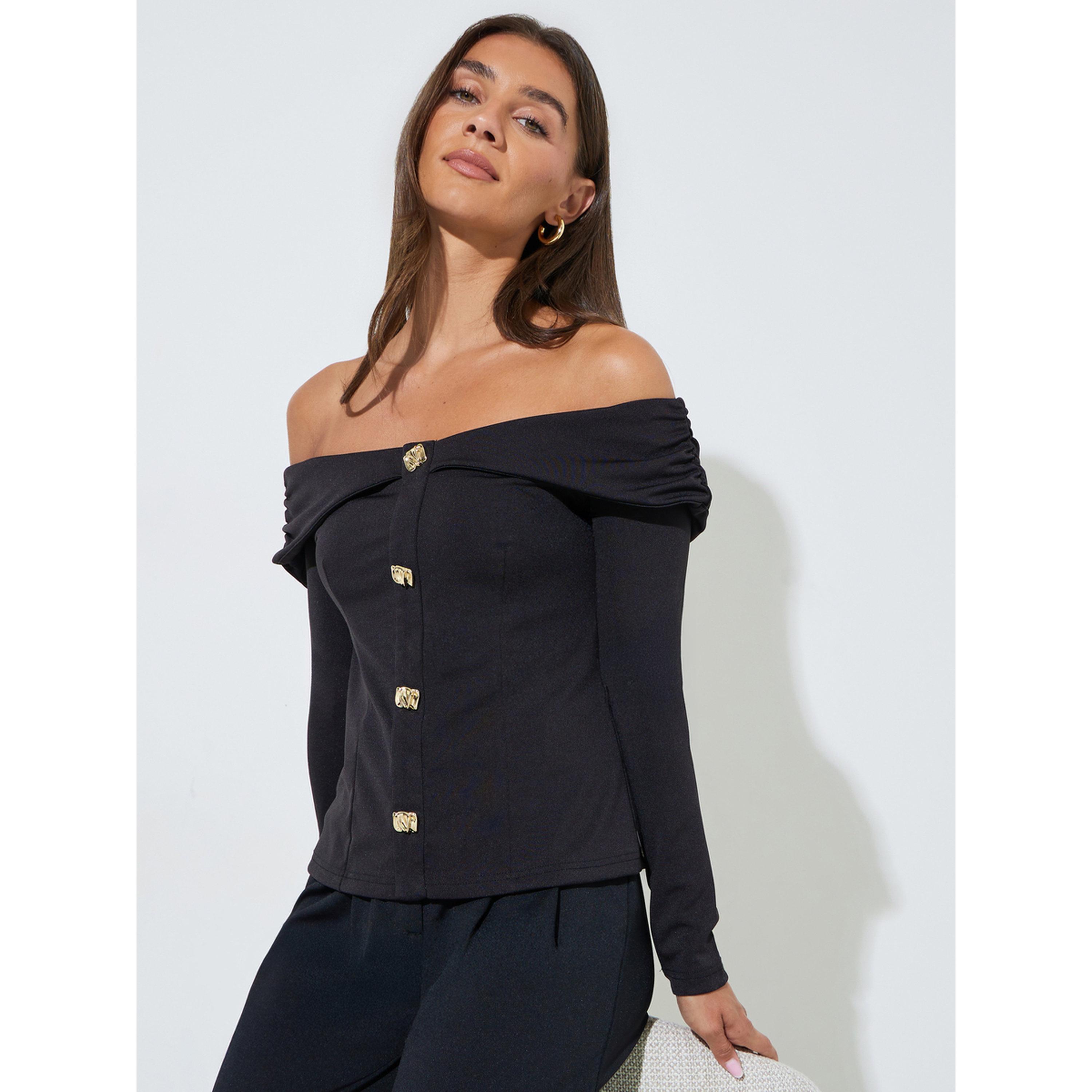 Styli Black Long Sleeve Off-Shoulder Knit Top with Gold Buttons-women-clothing-shirtsandblouses-blouses-image-4