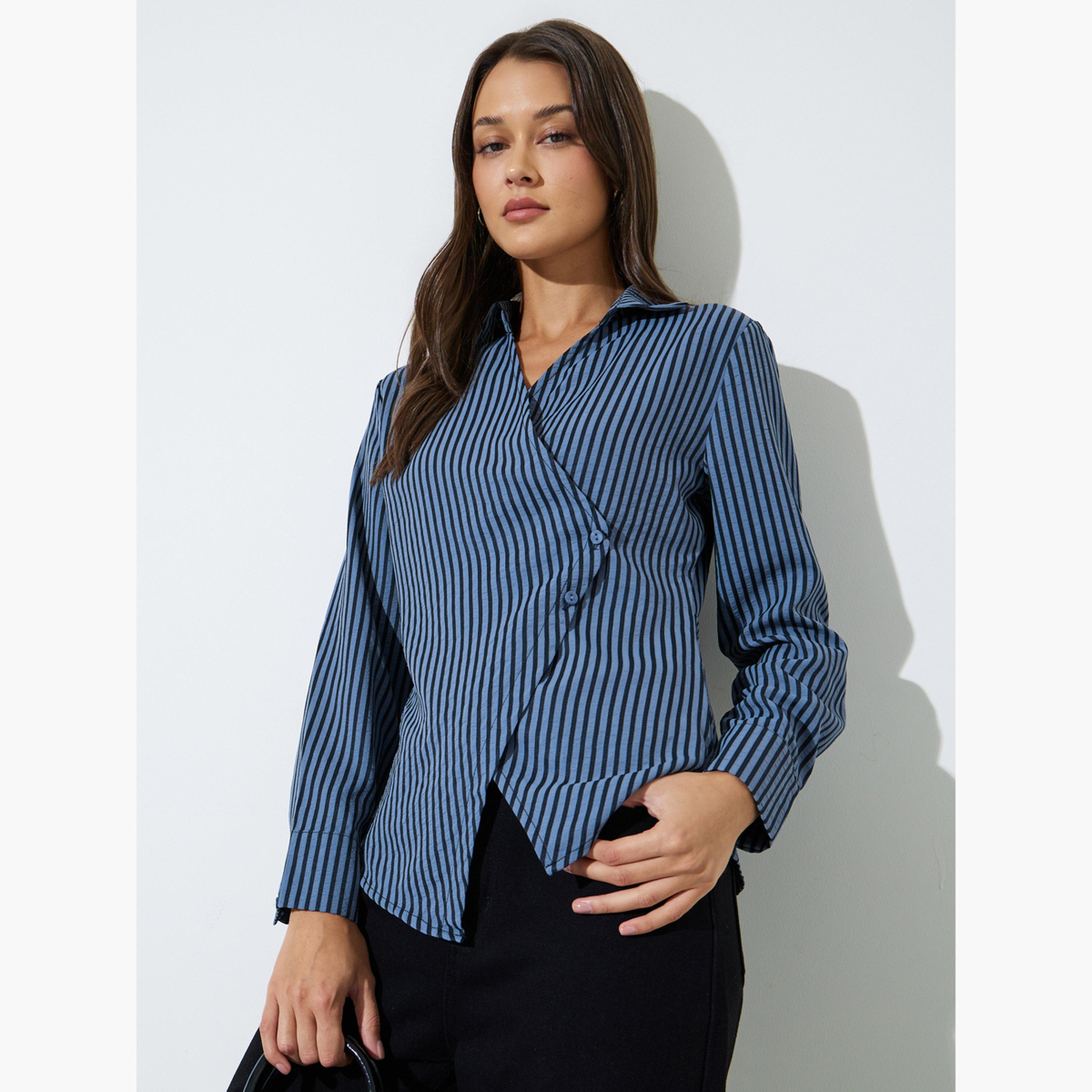 بلوزة متقاطعة بأكمام طويلة ونمط مخطط لون كحلي-women-clothing-shirtsandblouses-blouses-image-1