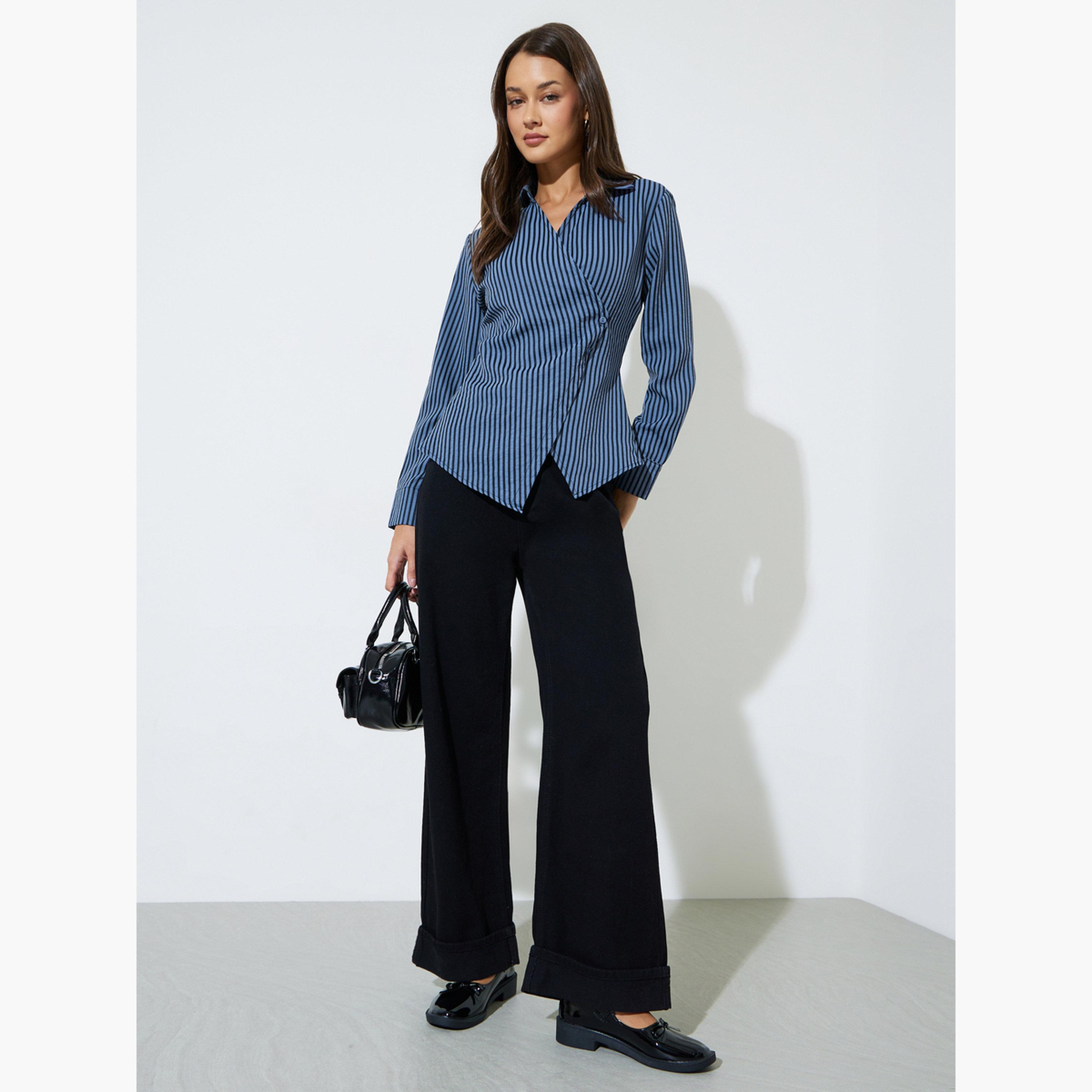 بلوزة متقاطعة بأكمام طويلة ونمط مخطط لون كحلي-women-clothing-shirtsandblouses-blouses-image-2