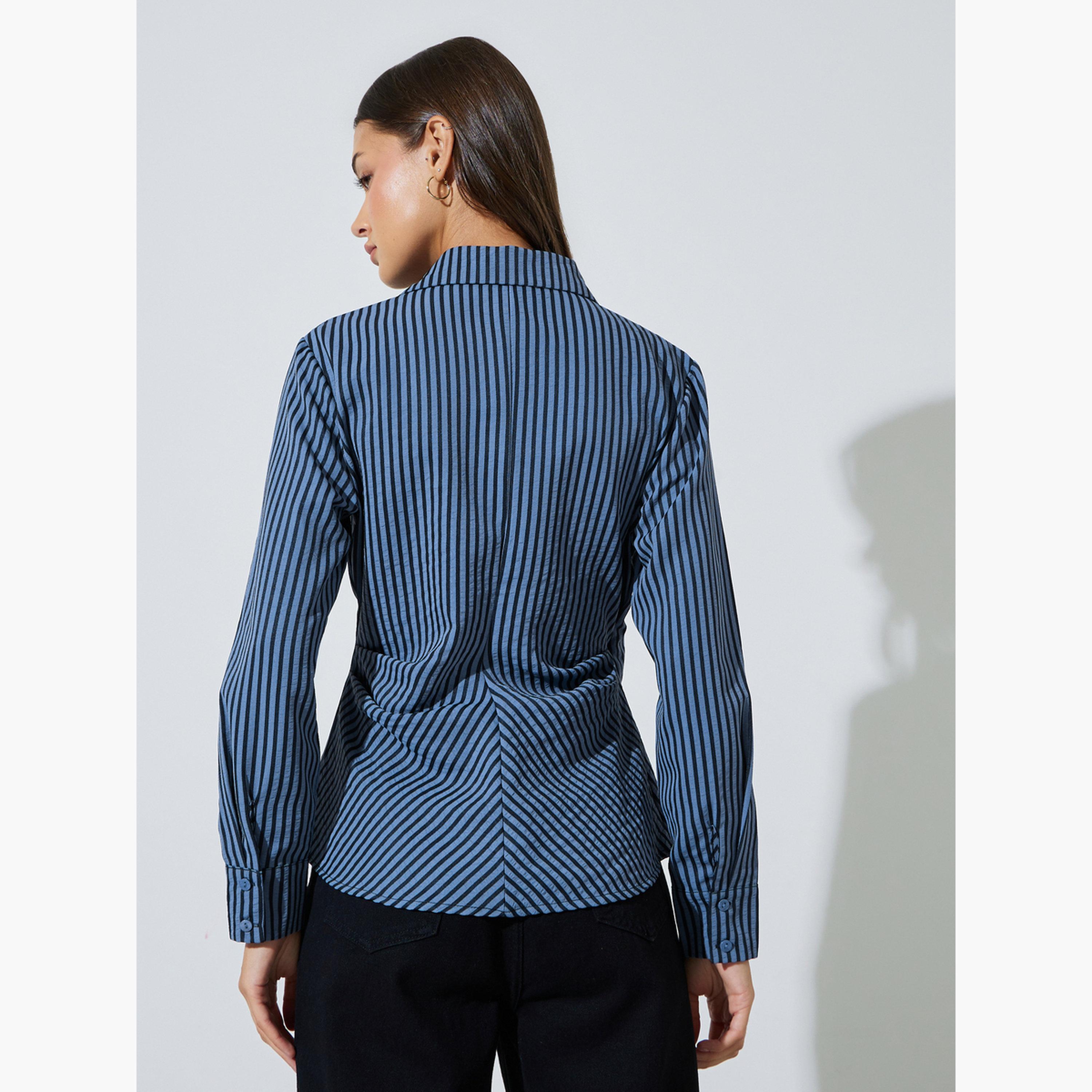 بلوزة متقاطعة بأكمام طويلة ونمط مخطط لون كحلي-women-clothing-shirtsandblouses-blouses-image-3