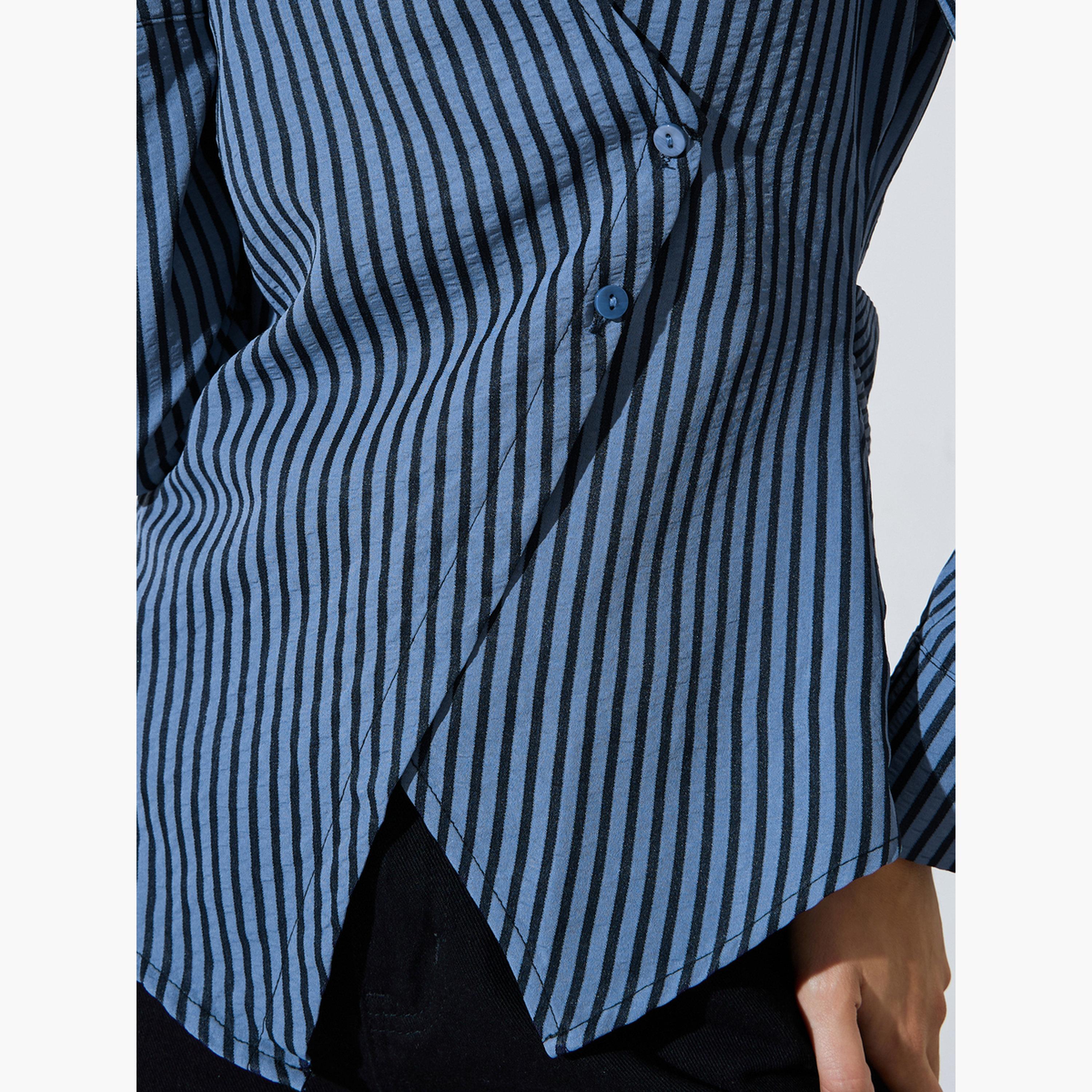 بلوزة متقاطعة بأكمام طويلة ونمط مخطط لون كحلي-women-clothing-shirtsandblouses-blouses-image-4