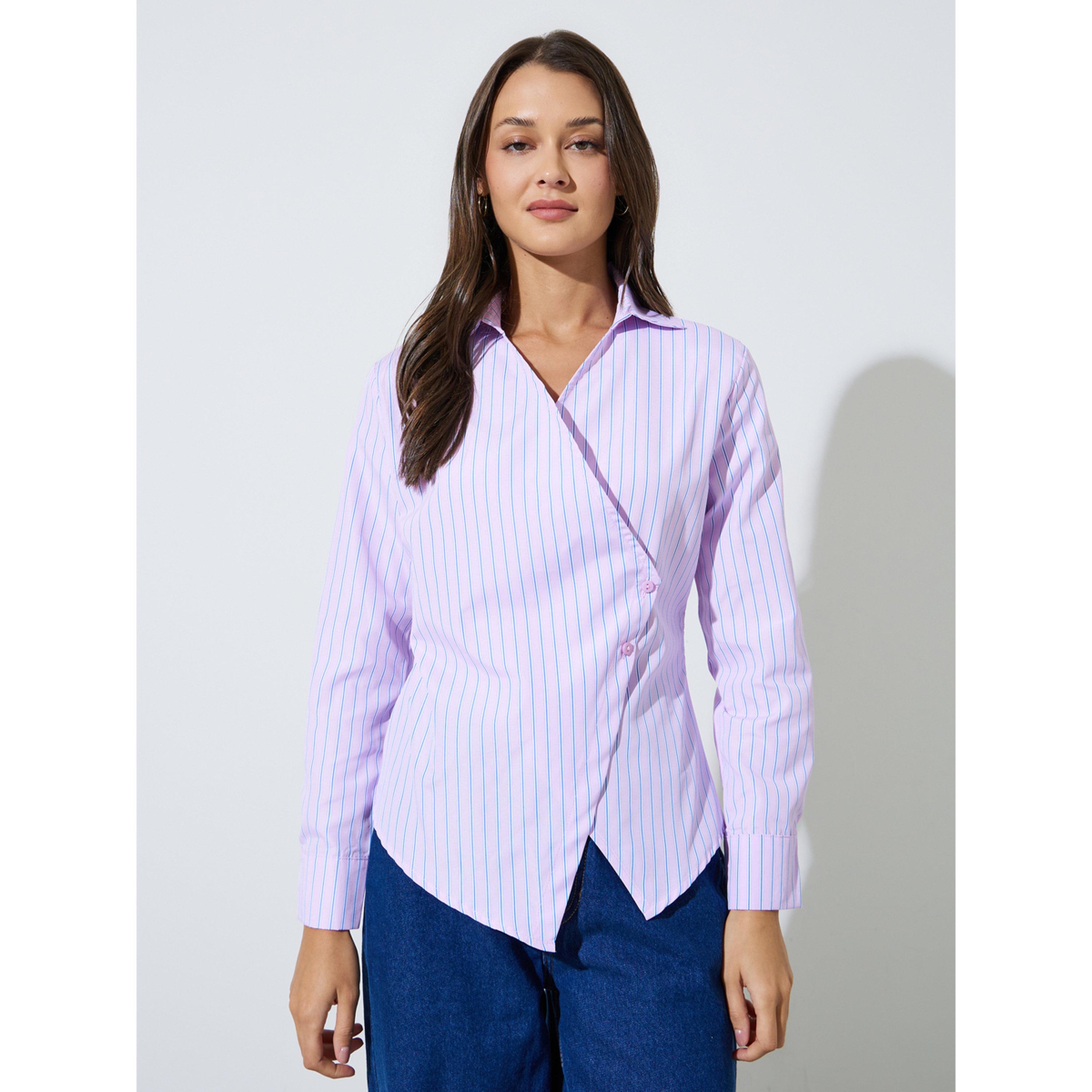 بلوزة بقصة متداخلة وأكمام طويلة وطبعة مخطط باللون الوردي-women-clothing-shirtsandblouses-blouses-image-1
