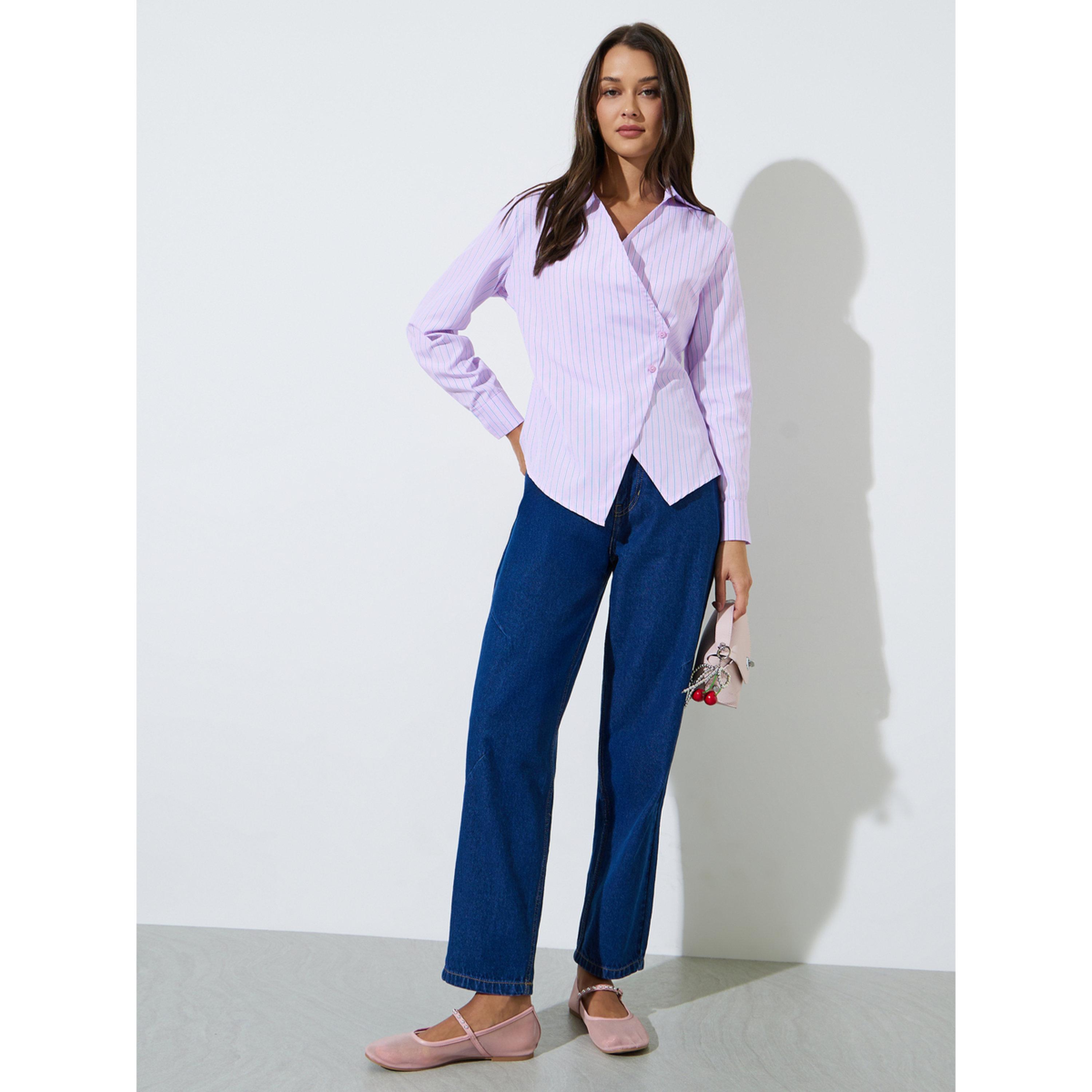 بلوزة بقصة متداخلة وأكمام طويلة وطبعة مخطط باللون الوردي-women-clothing-shirtsandblouses-blouses-image-2