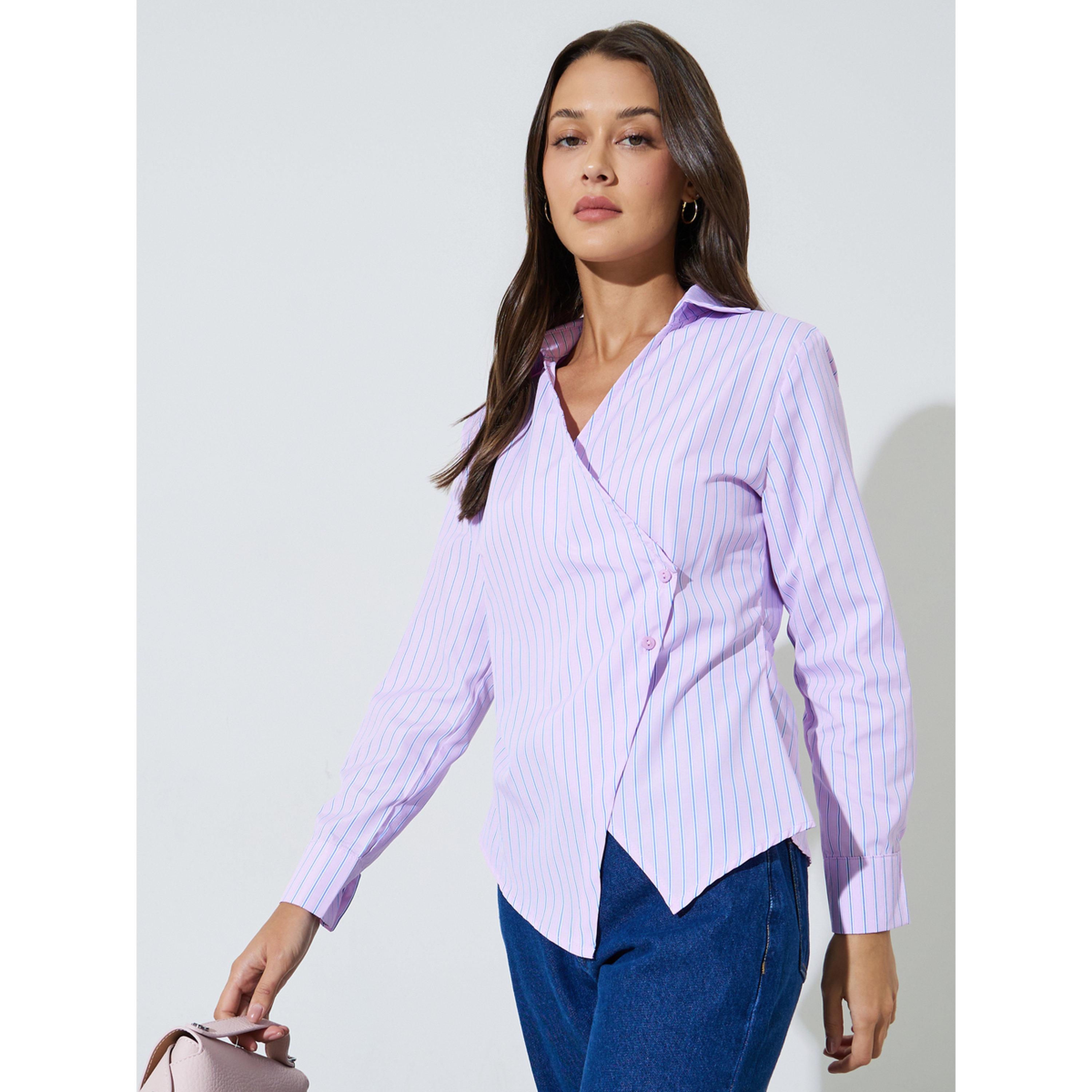 بلوزة بقصة متداخلة وأكمام طويلة وطبعة مخطط باللون الوردي-women-clothing-shirtsandblouses-blouses-image-3