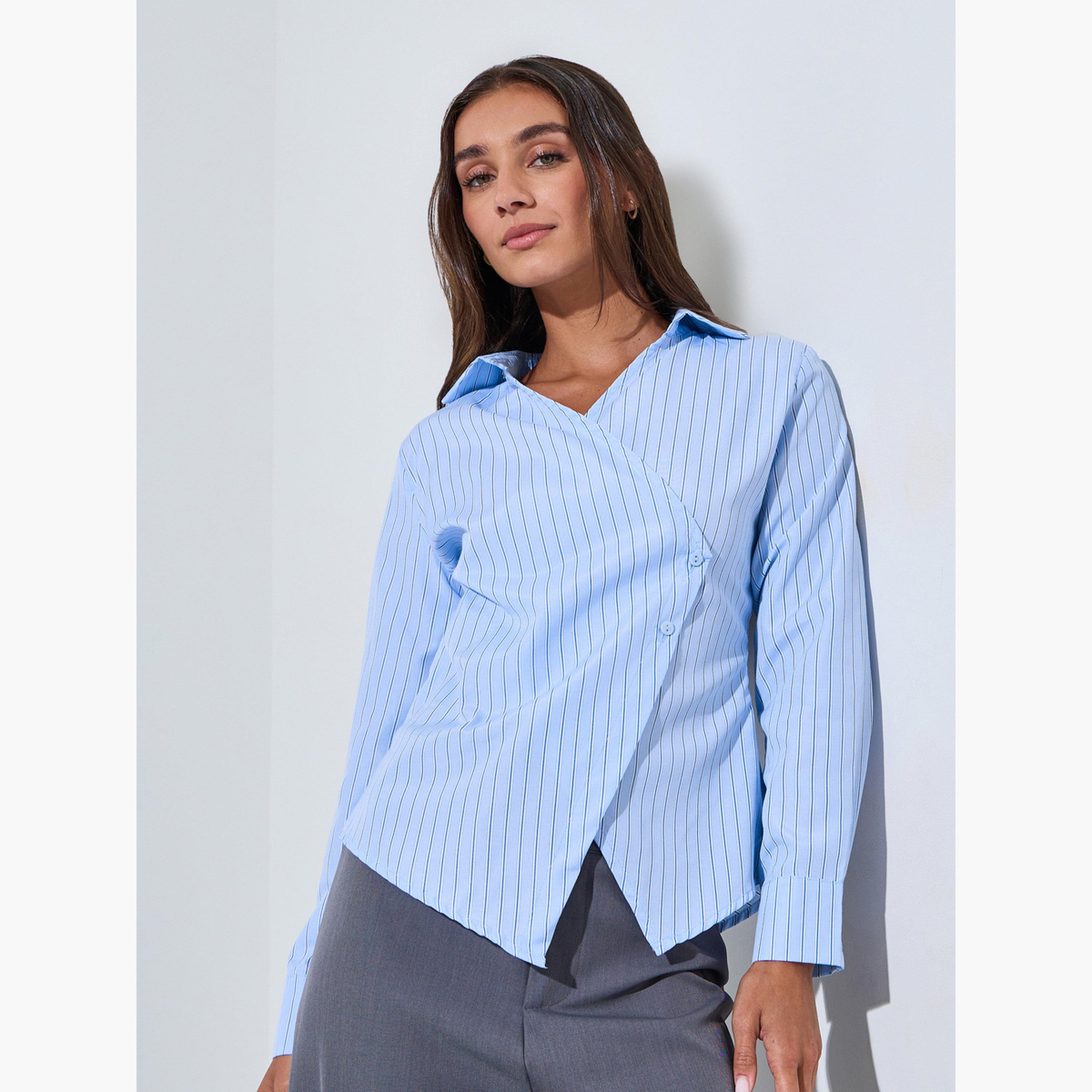 بلوزة متقاطعة بأكمام طويلة ونمط مخطط لون أزرق فاتح-women-clothing-shirtsandblouses-blouses-image-1