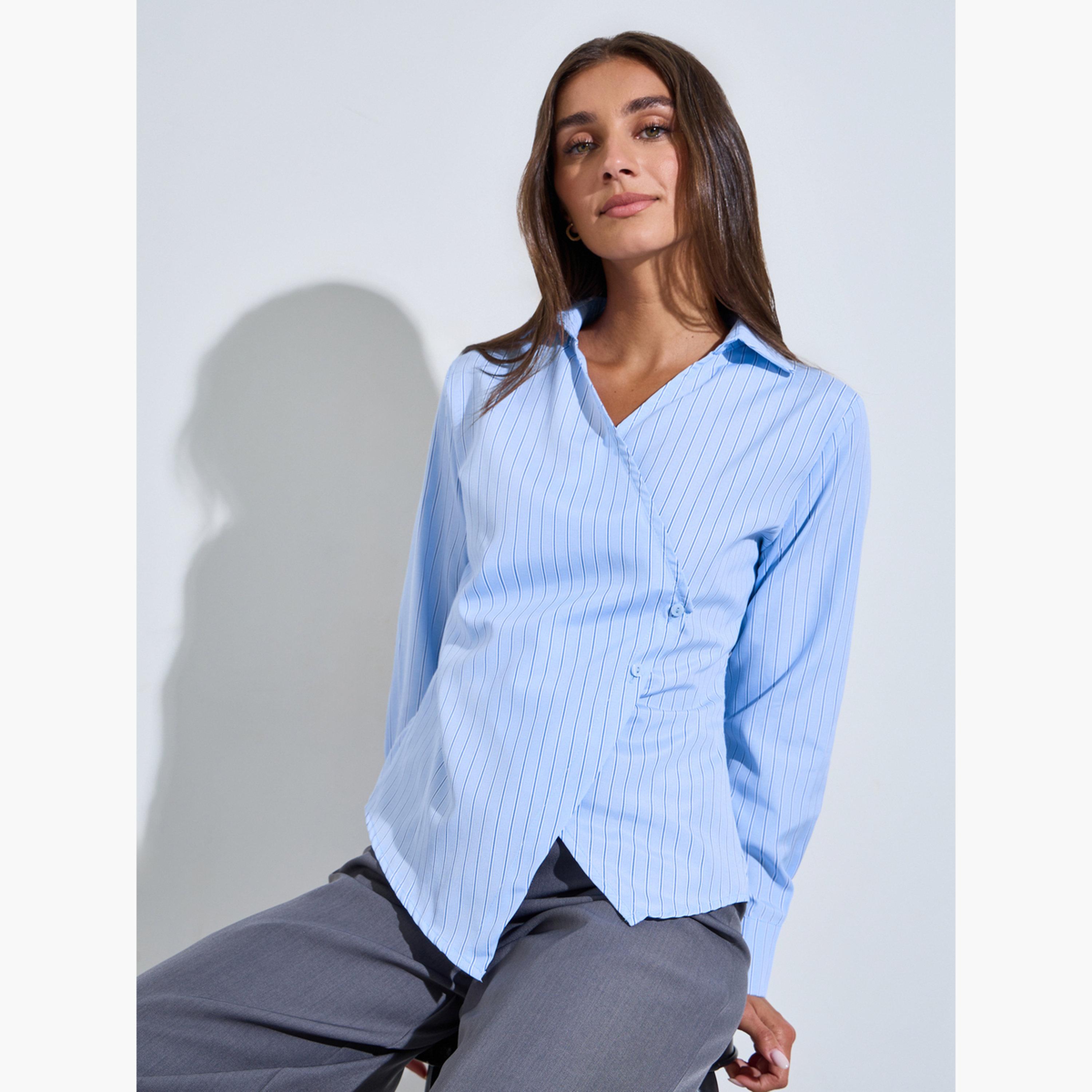 بلوزة متقاطعة بأكمام طويلة ونمط مخطط لون أزرق فاتح-women-clothing-shirtsandblouses-blouses-image-3