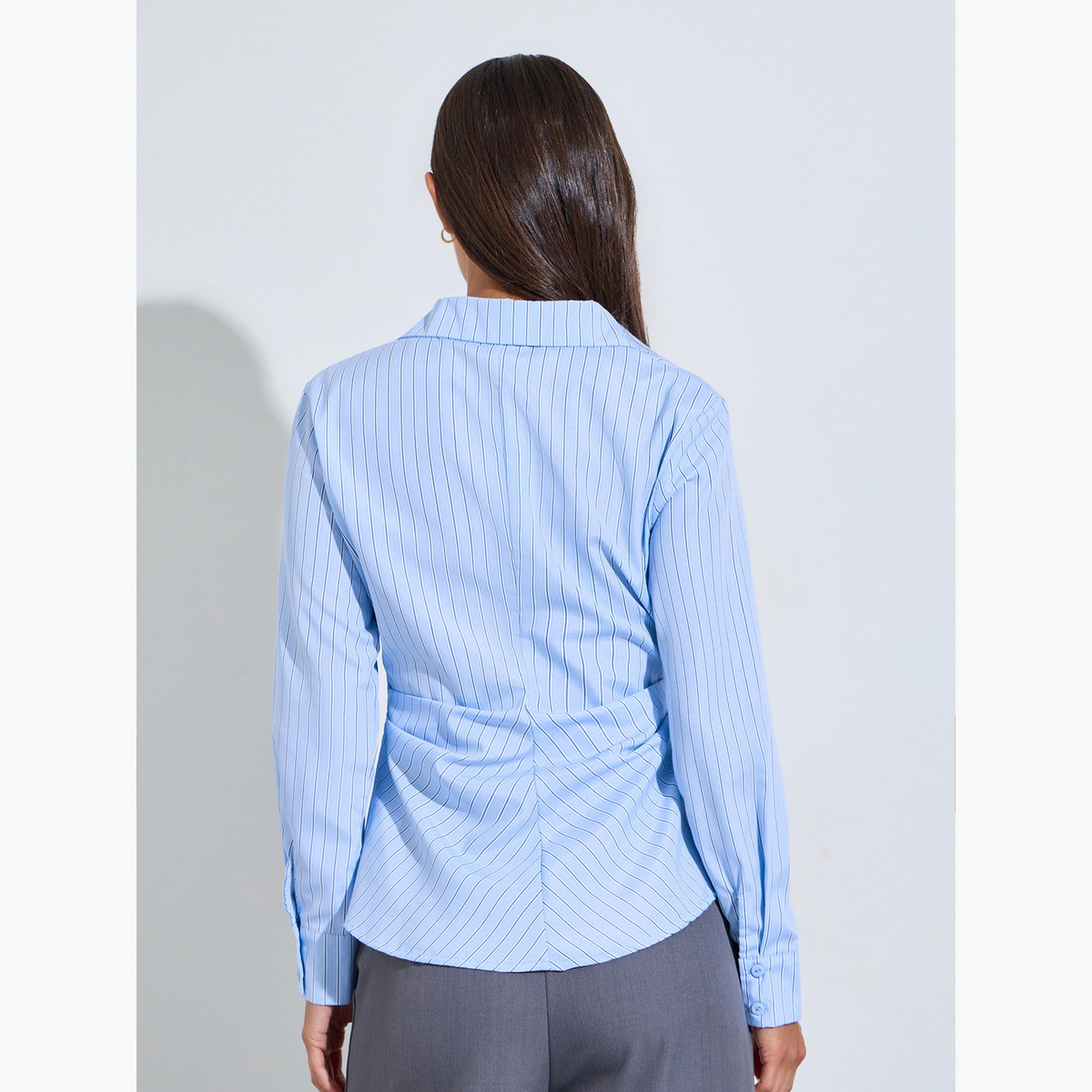 بلوزة متقاطعة بأكمام طويلة ونمط مخطط لون أزرق فاتح-women-clothing-shirtsandblouses-blouses-image-4