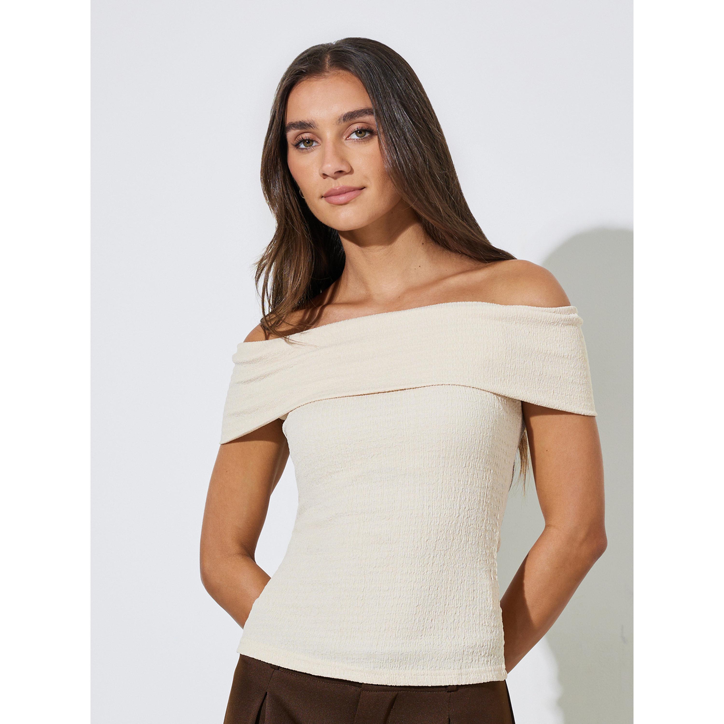 Styli Beige Solid Off-Shoulder Ribbed Knit Top-women-clothing-shirtsandblouses-blouses-image-1