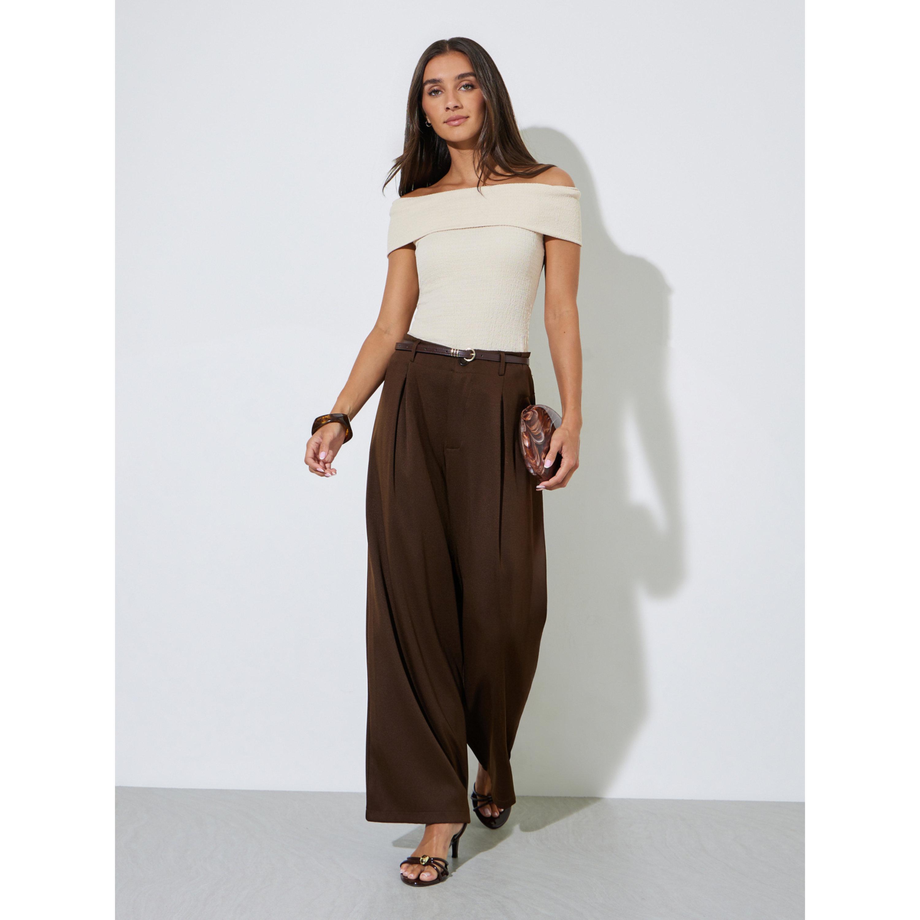 Styli Beige Solid Off-Shoulder Ribbed Knit Top-women-clothing-shirtsandblouses-blouses-image-2
