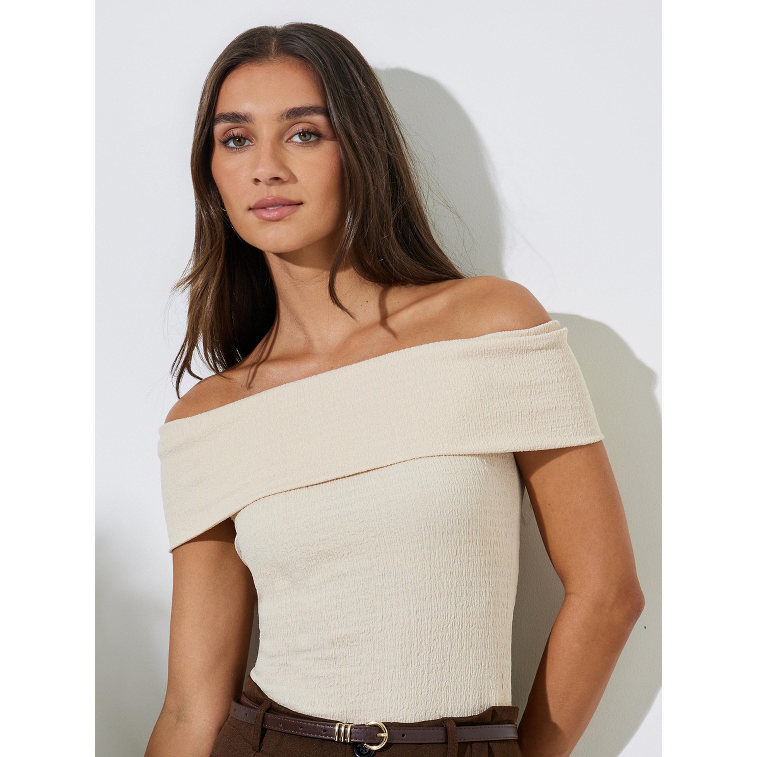 Styli Beige Solid Off-Shoulder Ribbed Knit Top-women-clothing-shirtsandblouses-blouses-image-3