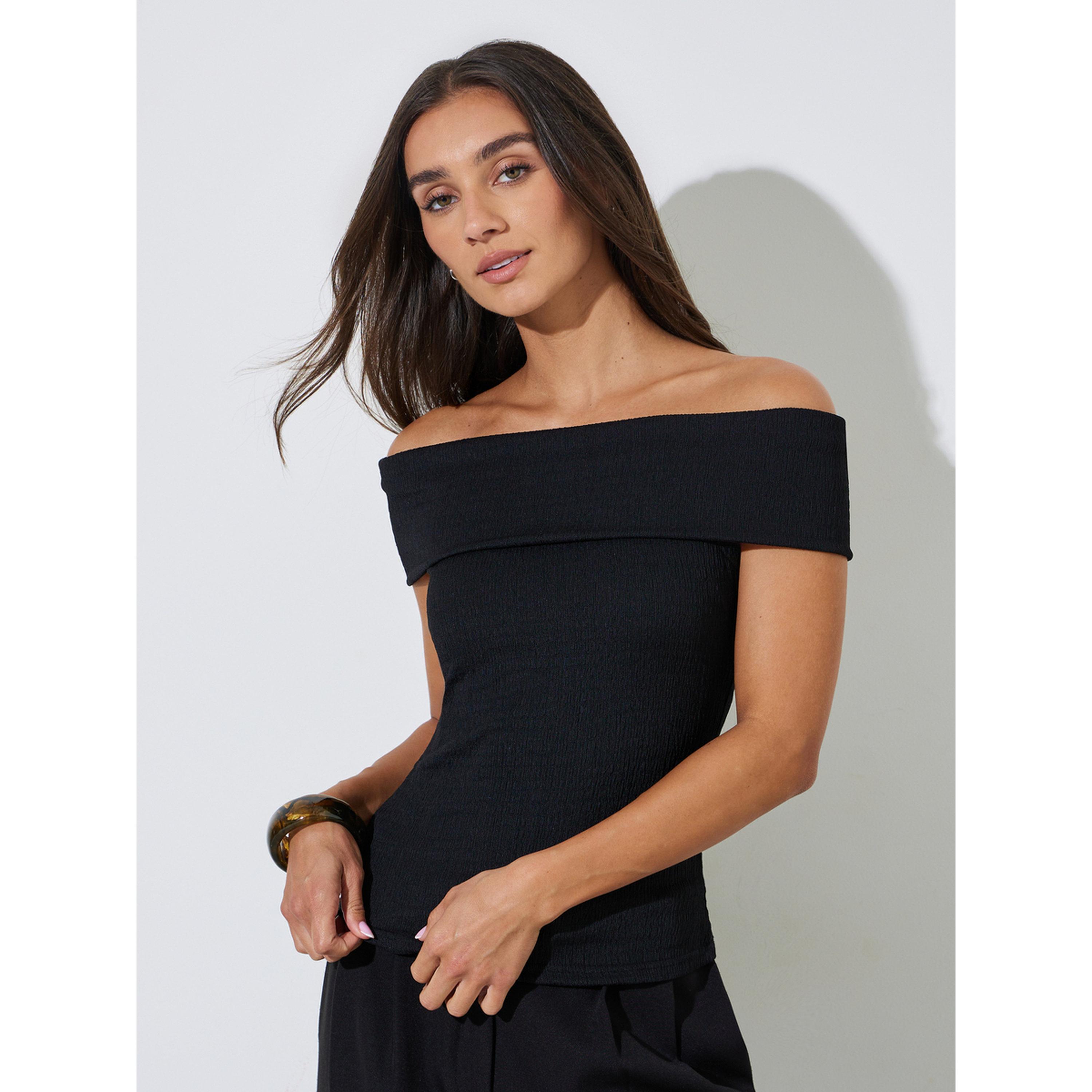 Styli Black Solid Off-Shoulder Ribbed Knit Top-women-clothing-shirtsandblouses-blouses-image-1