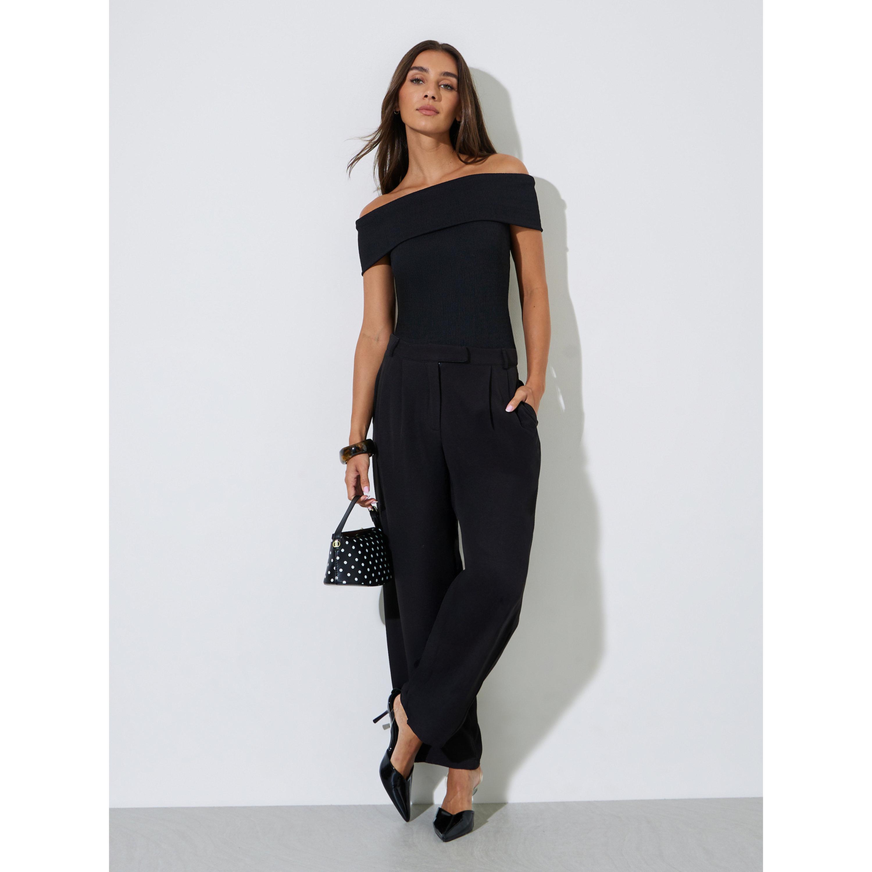 Styli Black Solid Off-Shoulder Ribbed Knit Top-women-clothing-shirtsandblouses-blouses-image-2