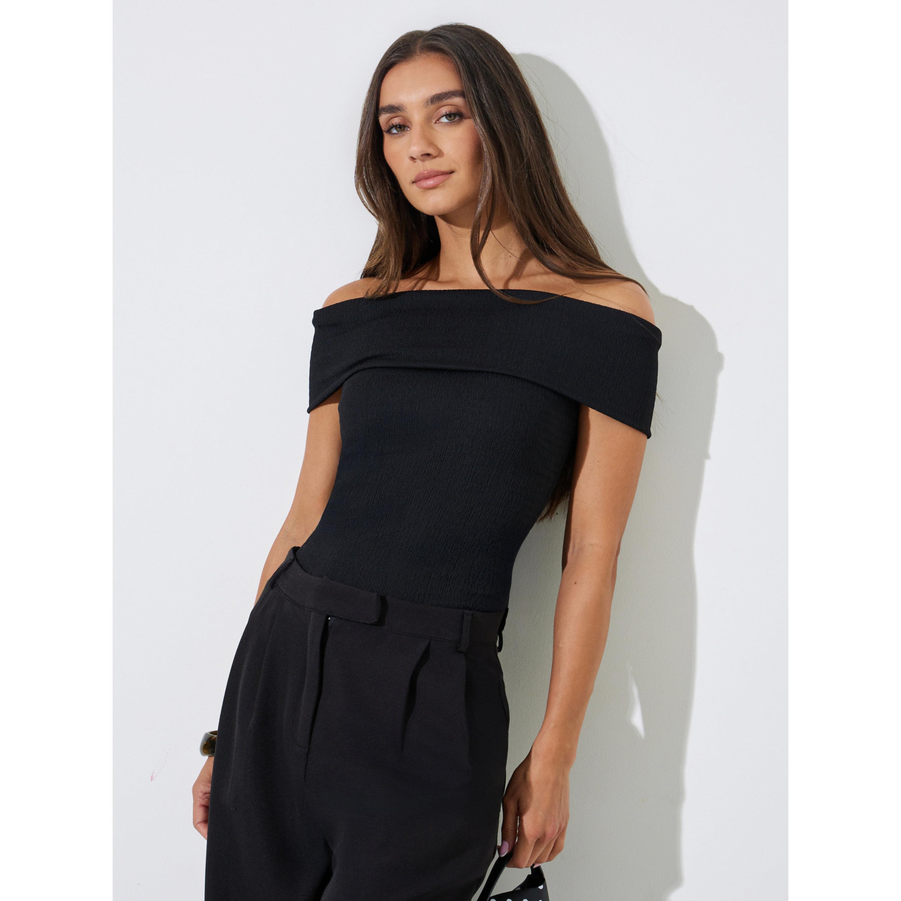 Styli Black Solid Off-Shoulder Ribbed Knit Top-women-clothing-shirtsandblouses-blouses-image-3