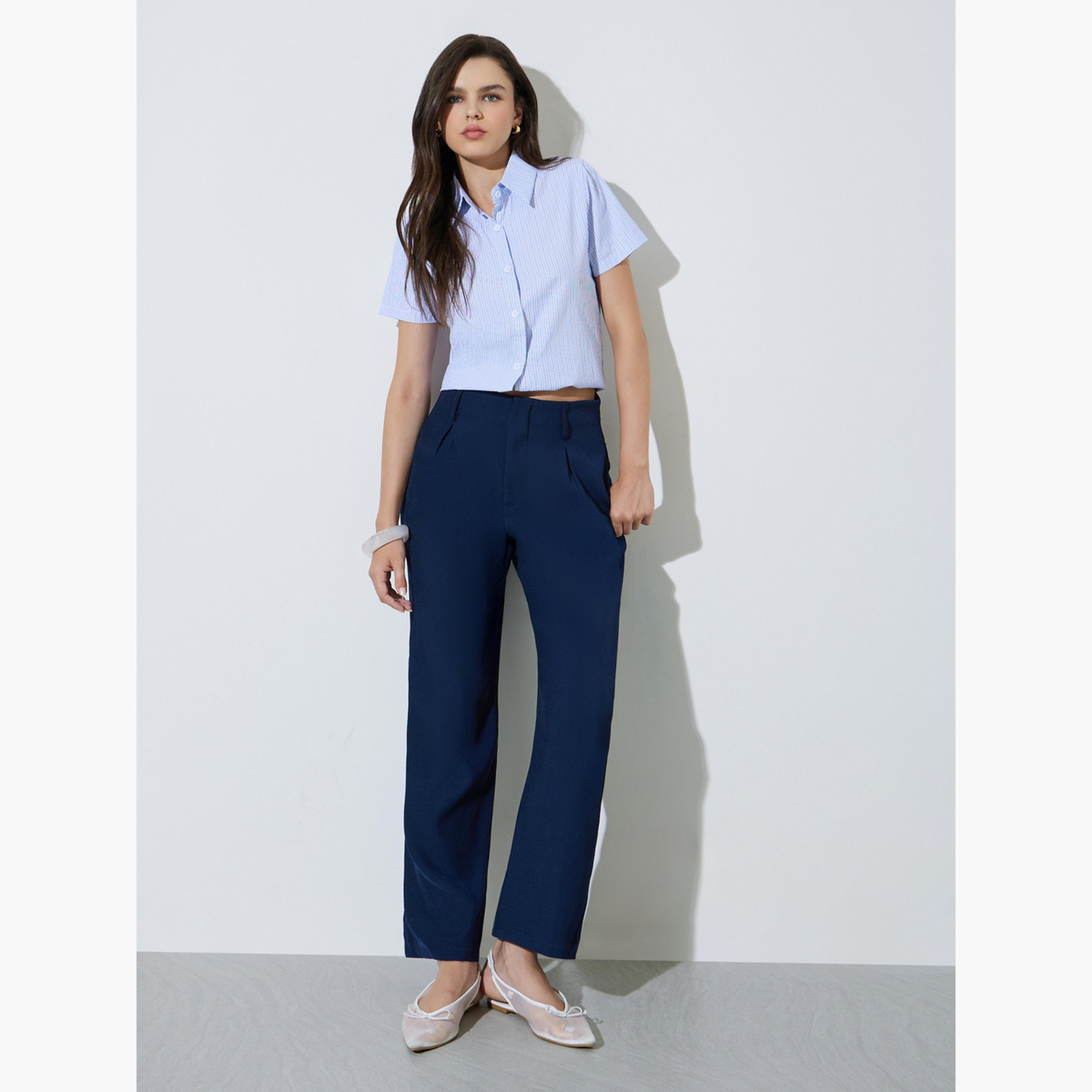 Take Two Navy Blue Solid Mid Rise Pants-women-clothing-bottoms-trousers-image-2