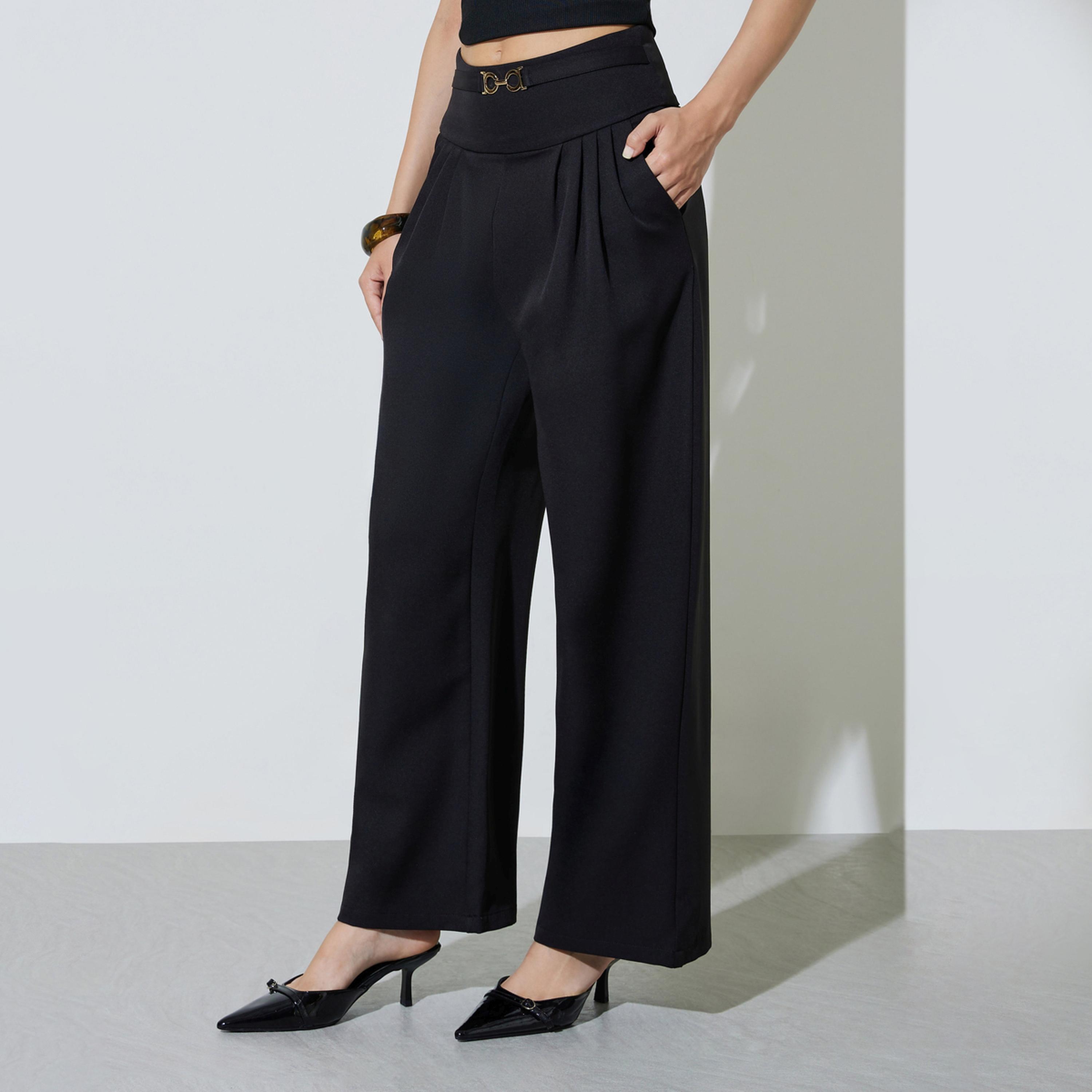 Take Two Black Wide Leg Trousers with Buckle Detail-women-clothing-bottoms-joggers-image-1