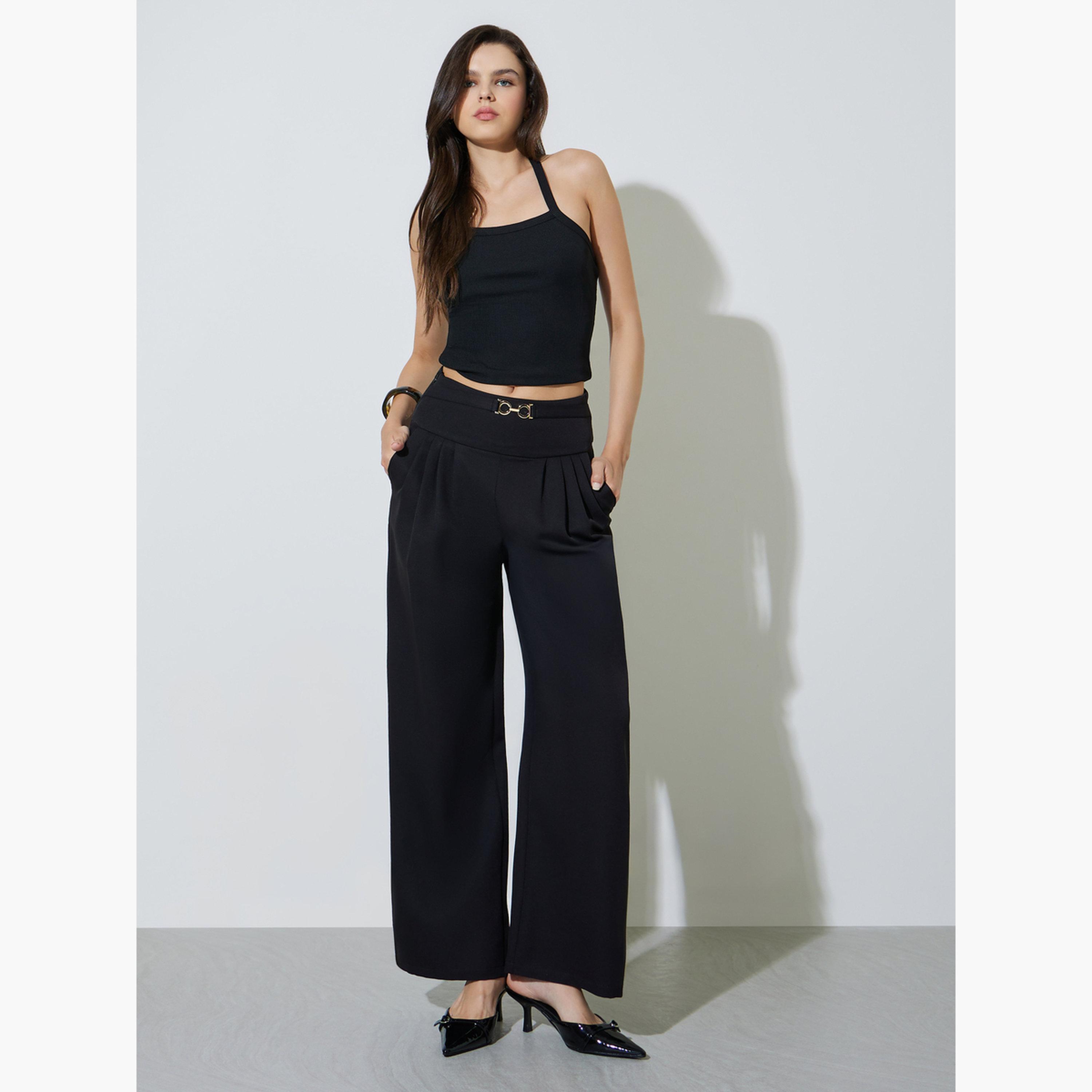Take Two Black Wide Leg Trousers with Buckle Detail-women-clothing-bottoms-joggers-image-2