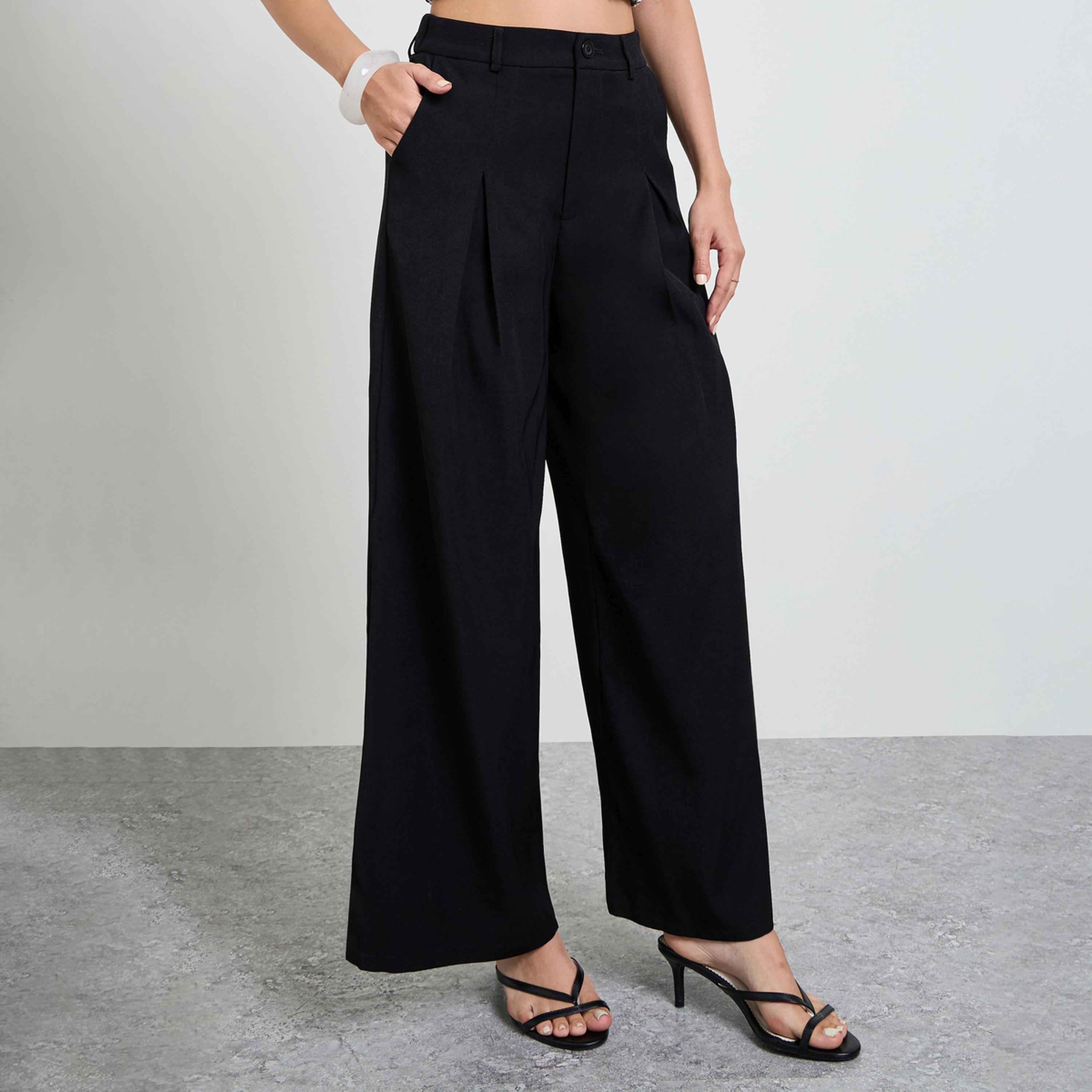 Take Two Black Solid Wide Leg Ruffled Trousers-women-clothing-trousers-image-1