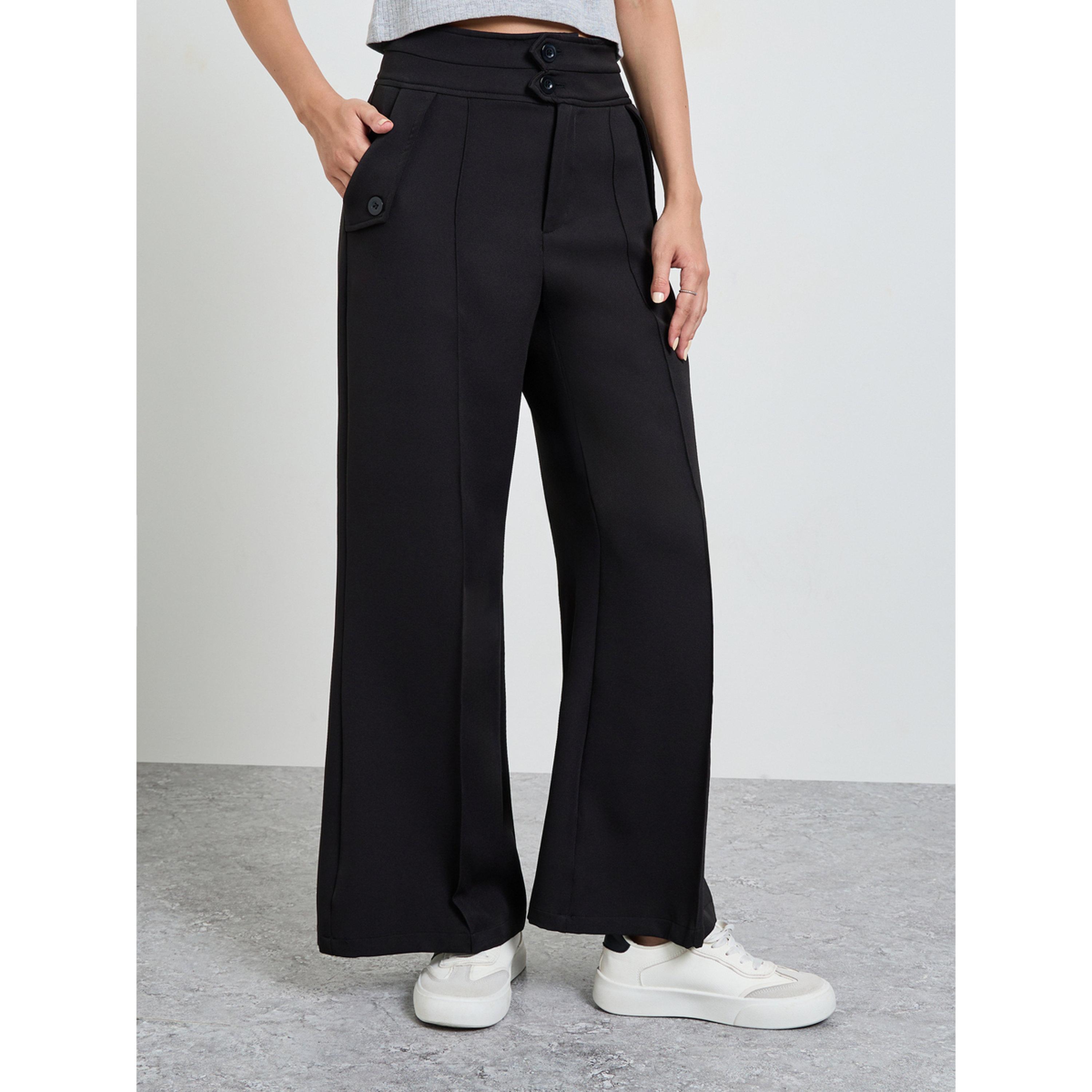 Take Two Black Solid High Waist Wide Leg Trousers-women-clothing-trousers-image-1