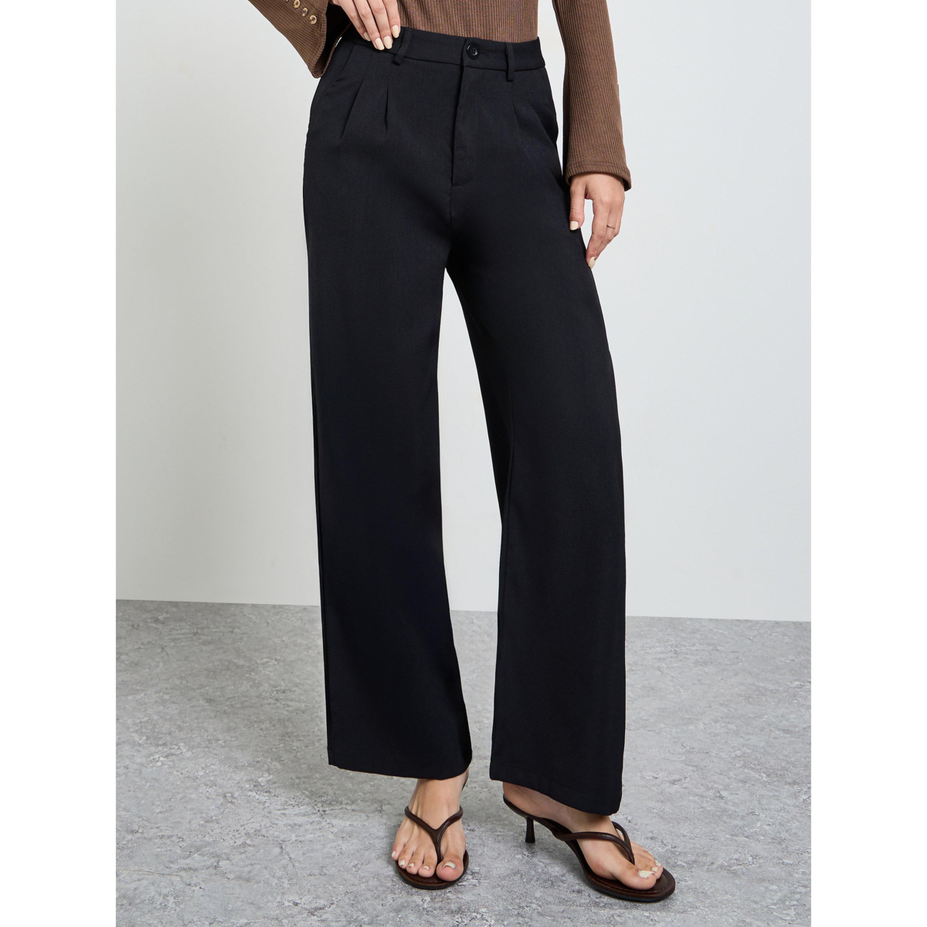 Take Two Black Solid Pleated Details Wide Leg Trousers-women-clothing-trousers-image-1