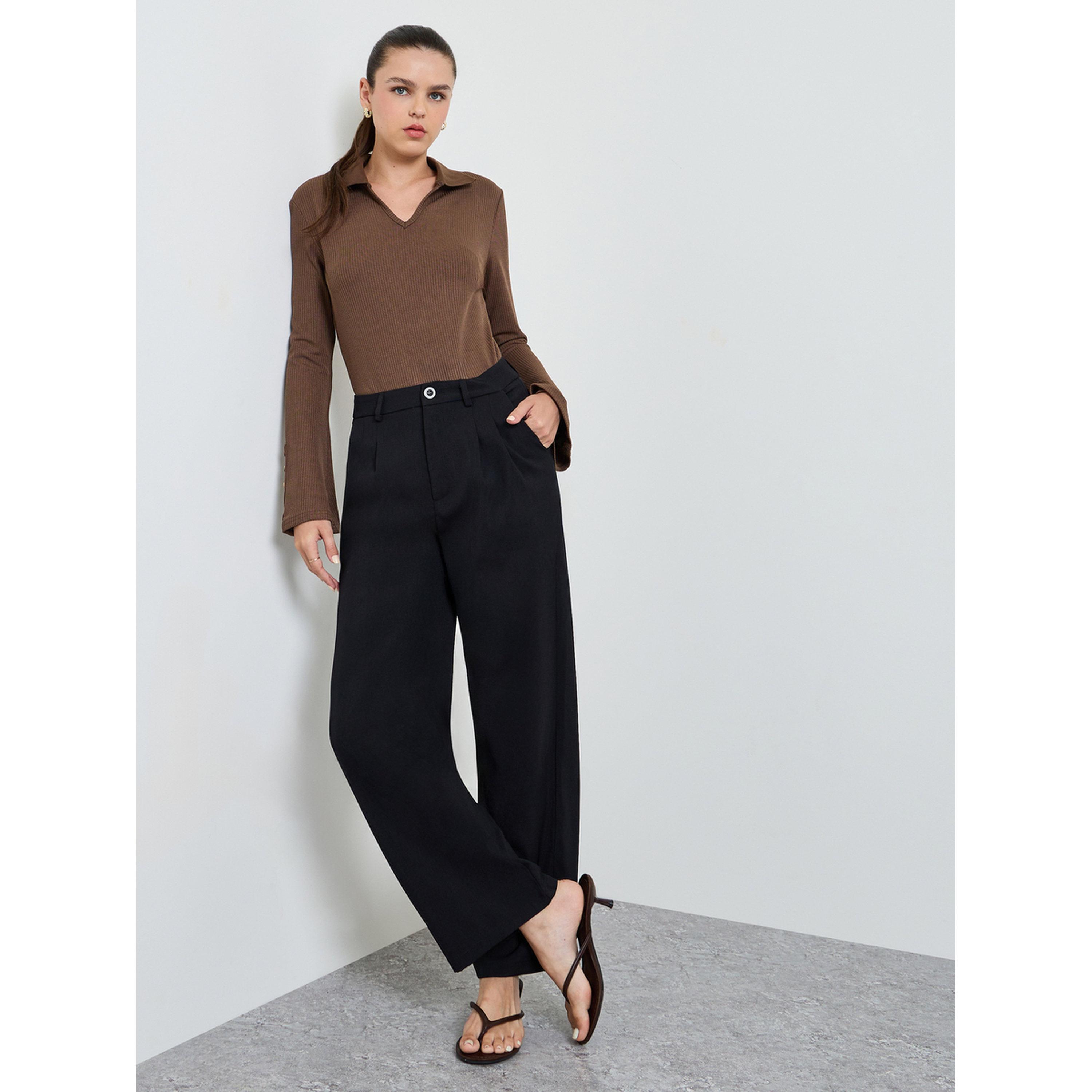Take Two Black Solid Pleated Details Wide Leg Trousers-women-clothing-trousers-image-2