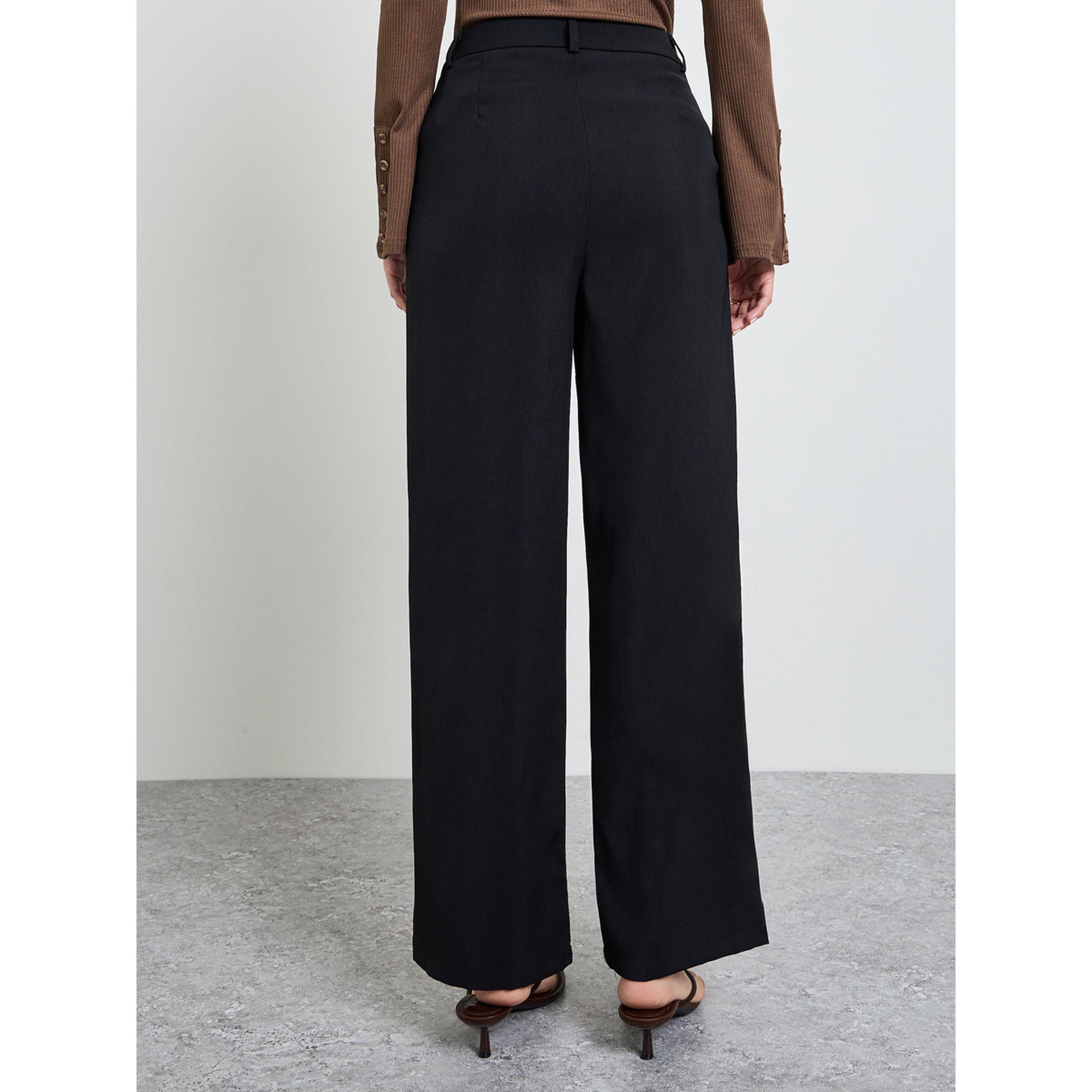 Take Two Black Solid Pleated Details Wide Leg Trousers-women-clothing-trousers-image-4