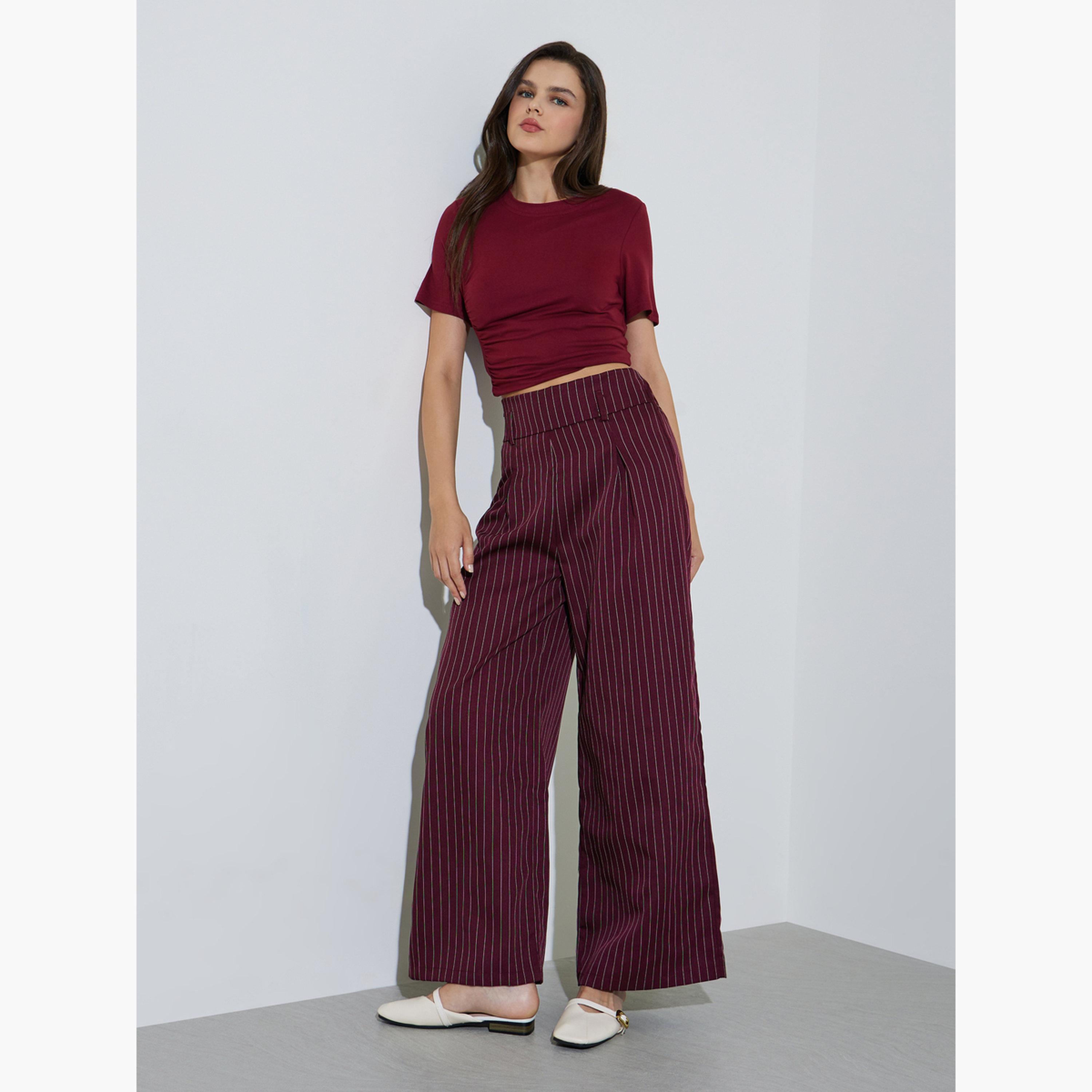 Take Two Burgundy Striped Wide Waistband Trouser-women-clothing-bottoms-joggers-image-2