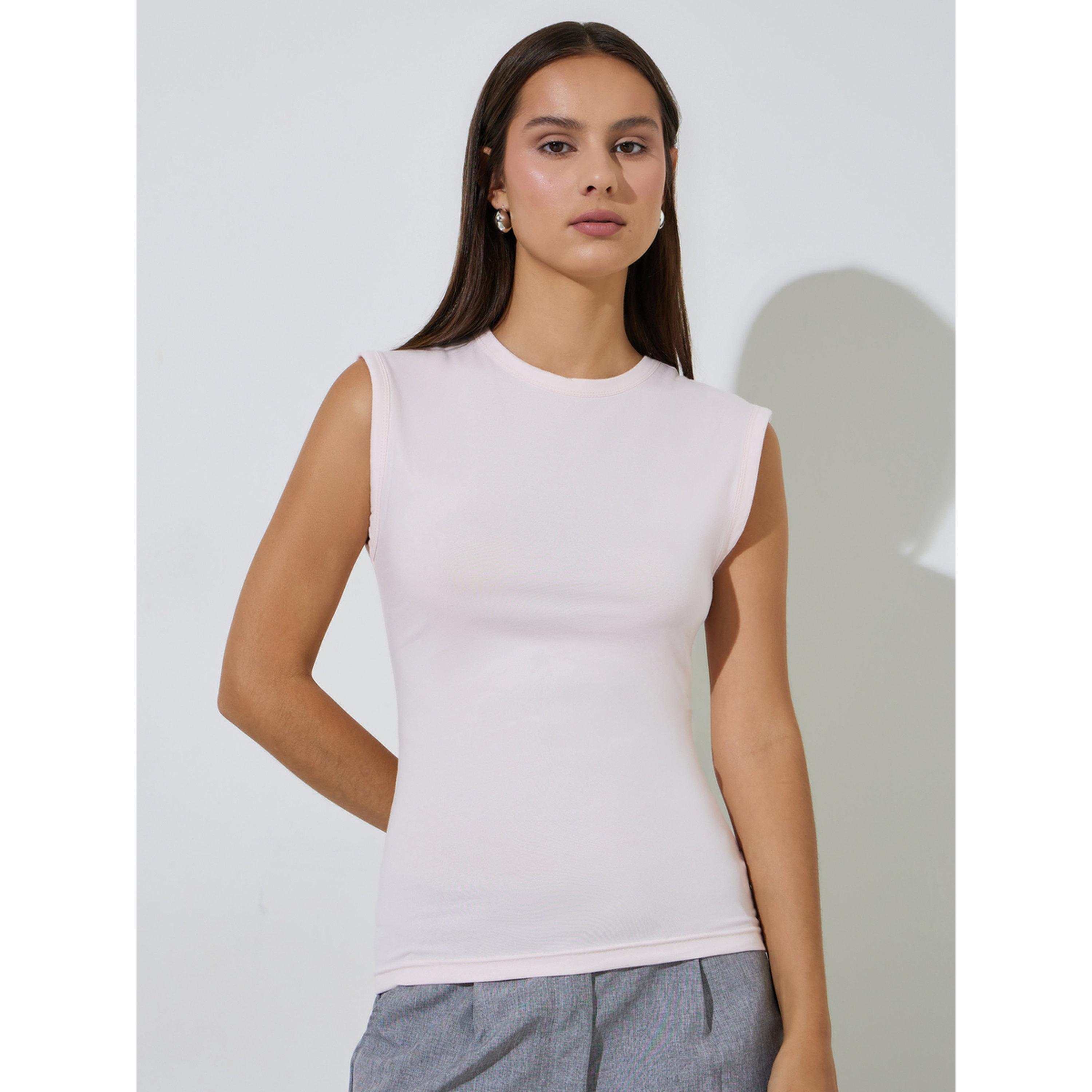 Styli Pink Solid Round Neck Fitted Tank Top-women-clothing-shirtsandblouses-blouses-image-1